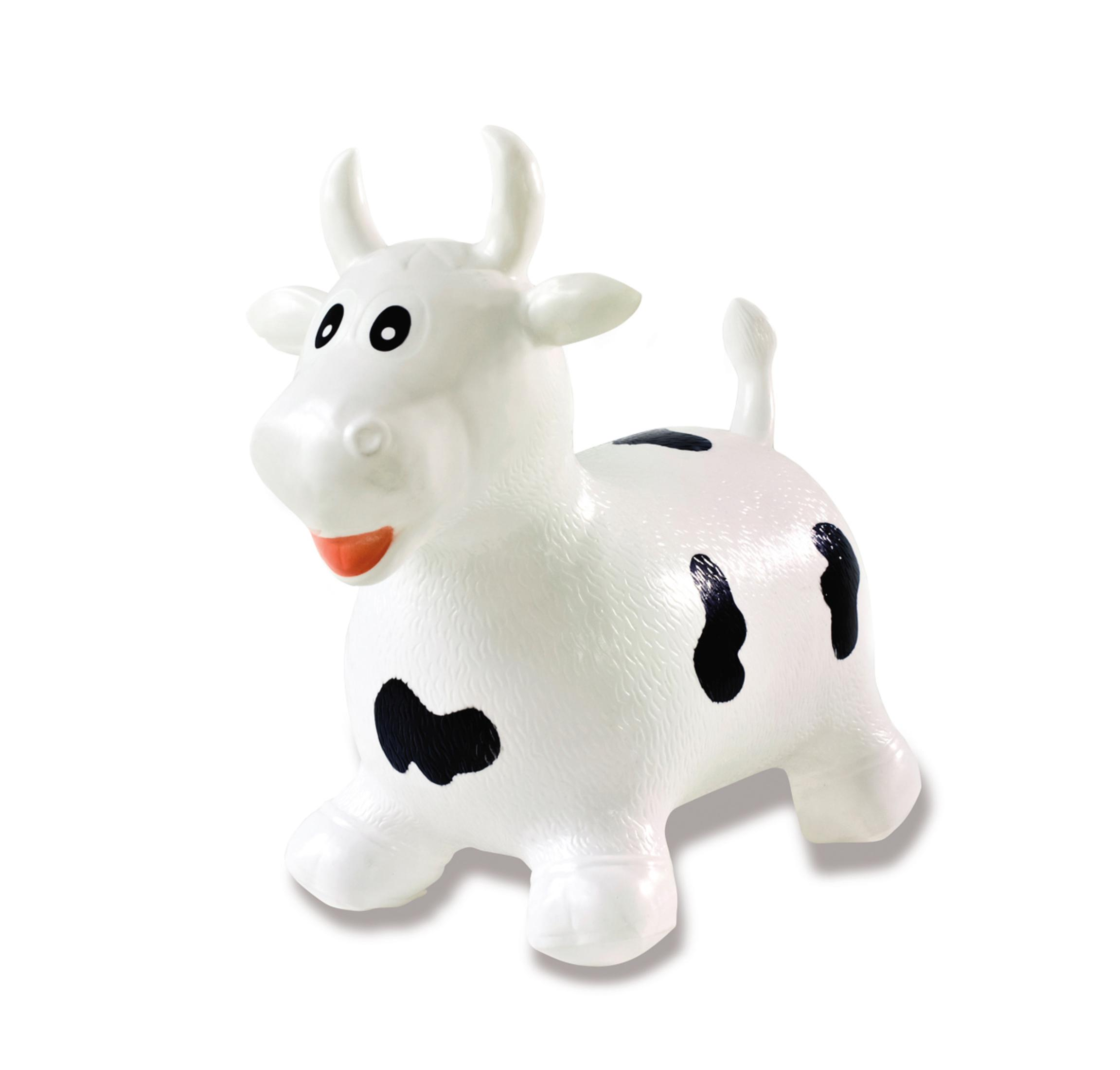 Una mucca gonfiabile bianca con macchie nere e una faccia sorridente.