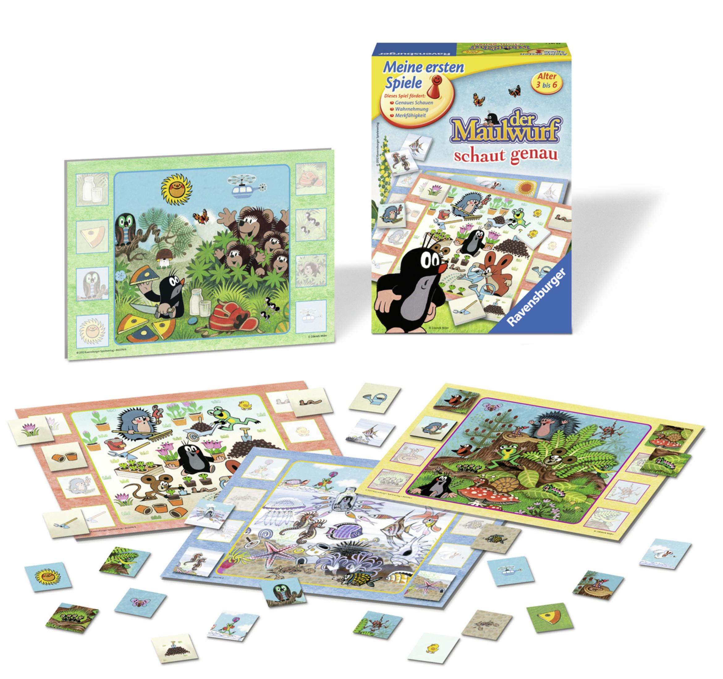 Puzzlespielboxen und Puzzleteile mit Comic-Maulwürfen in verschiedenen Umgebungen.