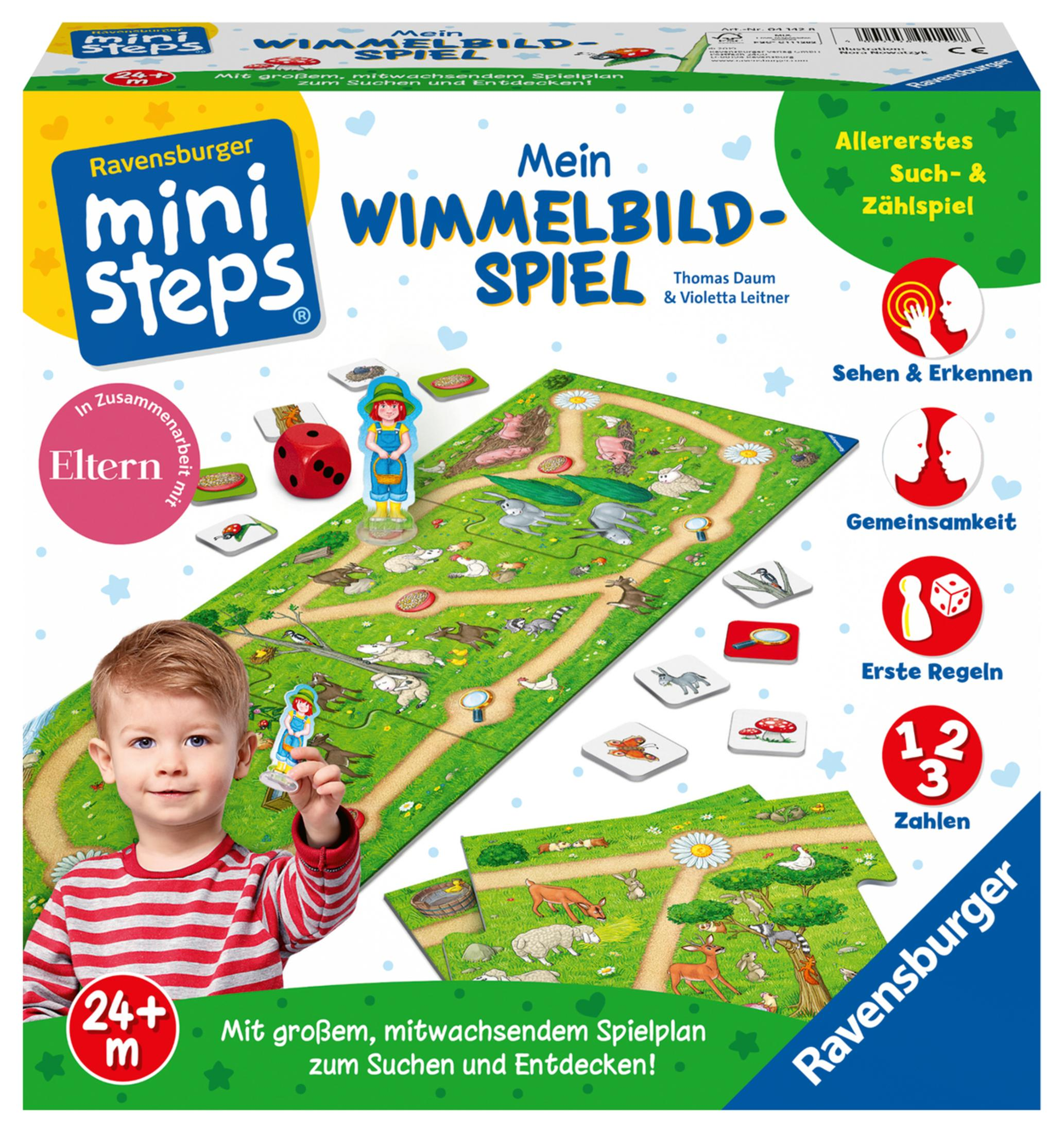 Ein Brettspiel mit einem Kind, Würfeln und verschiedenen Spielsteinen und Elementen.