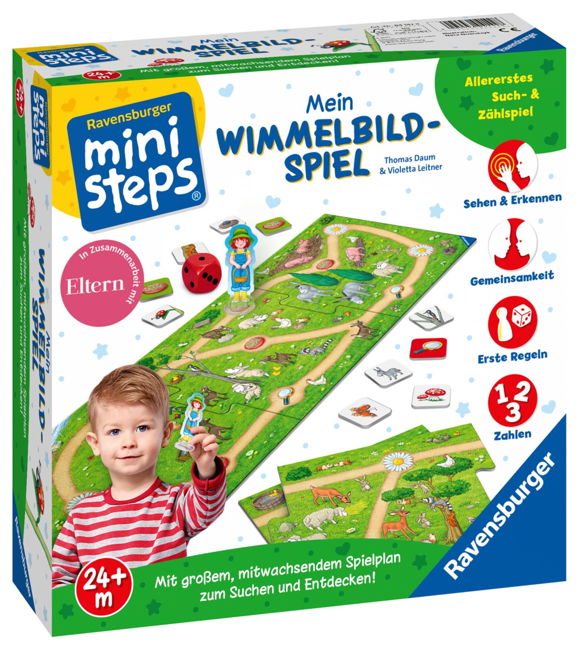 Kinderspiel-Box mit einem jungen Jungen, der ein Spielteil hält und das Spielbrett zeigt.