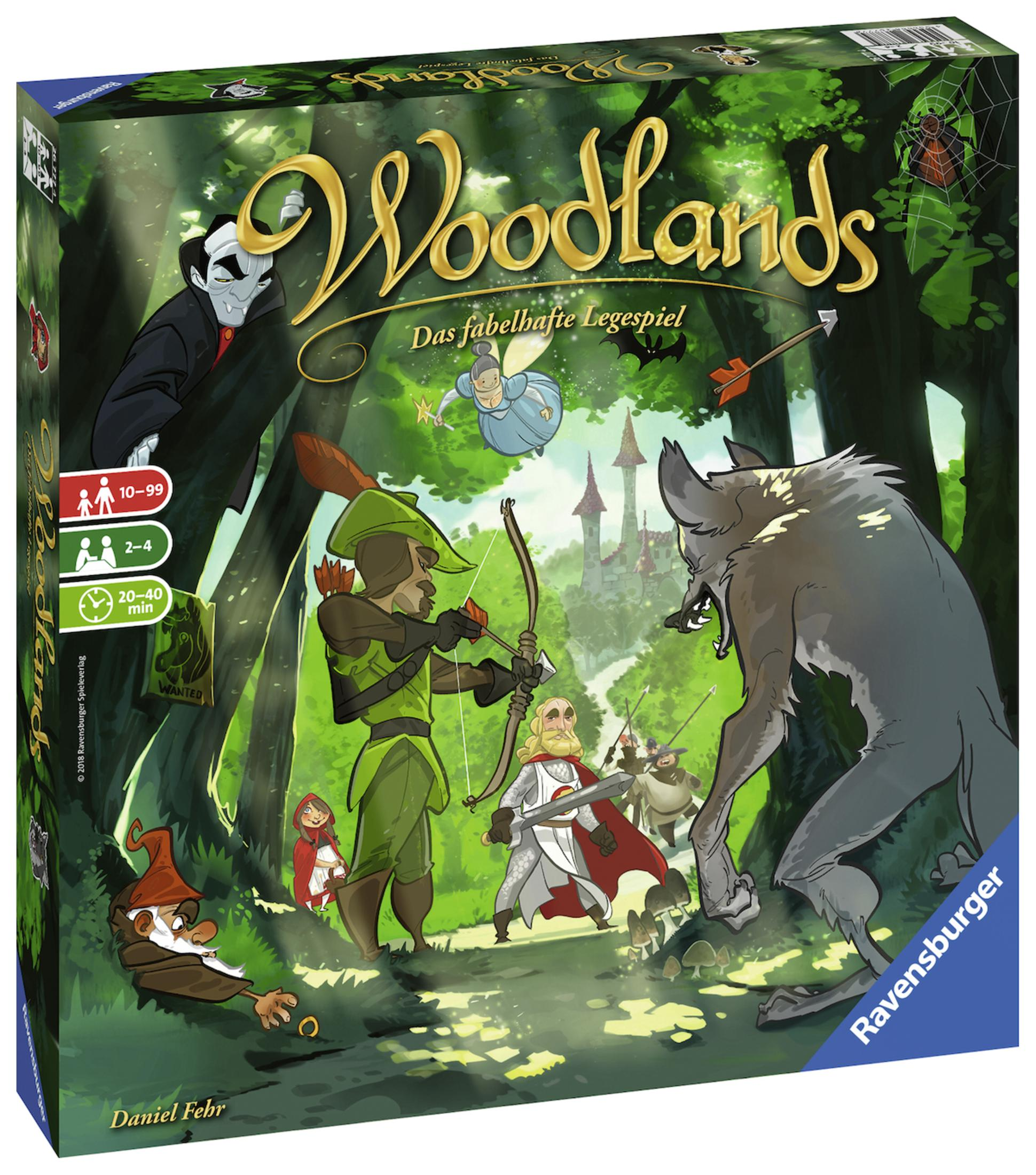 Eine Spielbox mit Fantasy-Charakteren. Ein Wolf und ein Ritter kämpfen. Auf der Box steht 'Woodlands'.