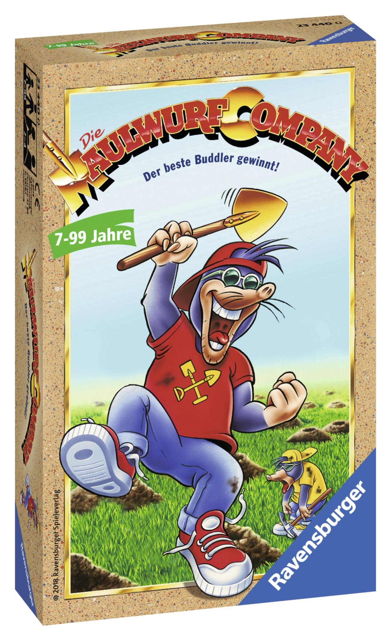 Eine Brettspielbox mit einem Cartoon-Maulwurf, der eine Schaufel hält und ein rotes Hemd trägt.