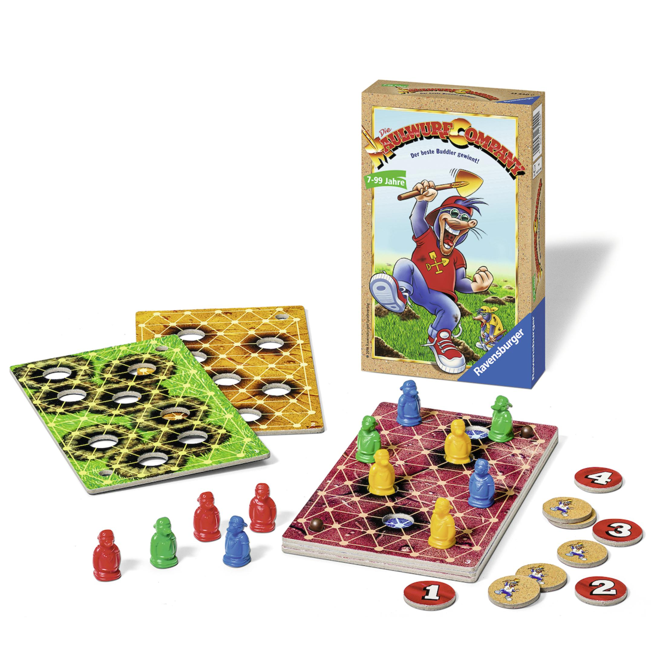 Brettspiel mit Figuren, Karten und einer Schachtel mit einer Cartoonfigur.