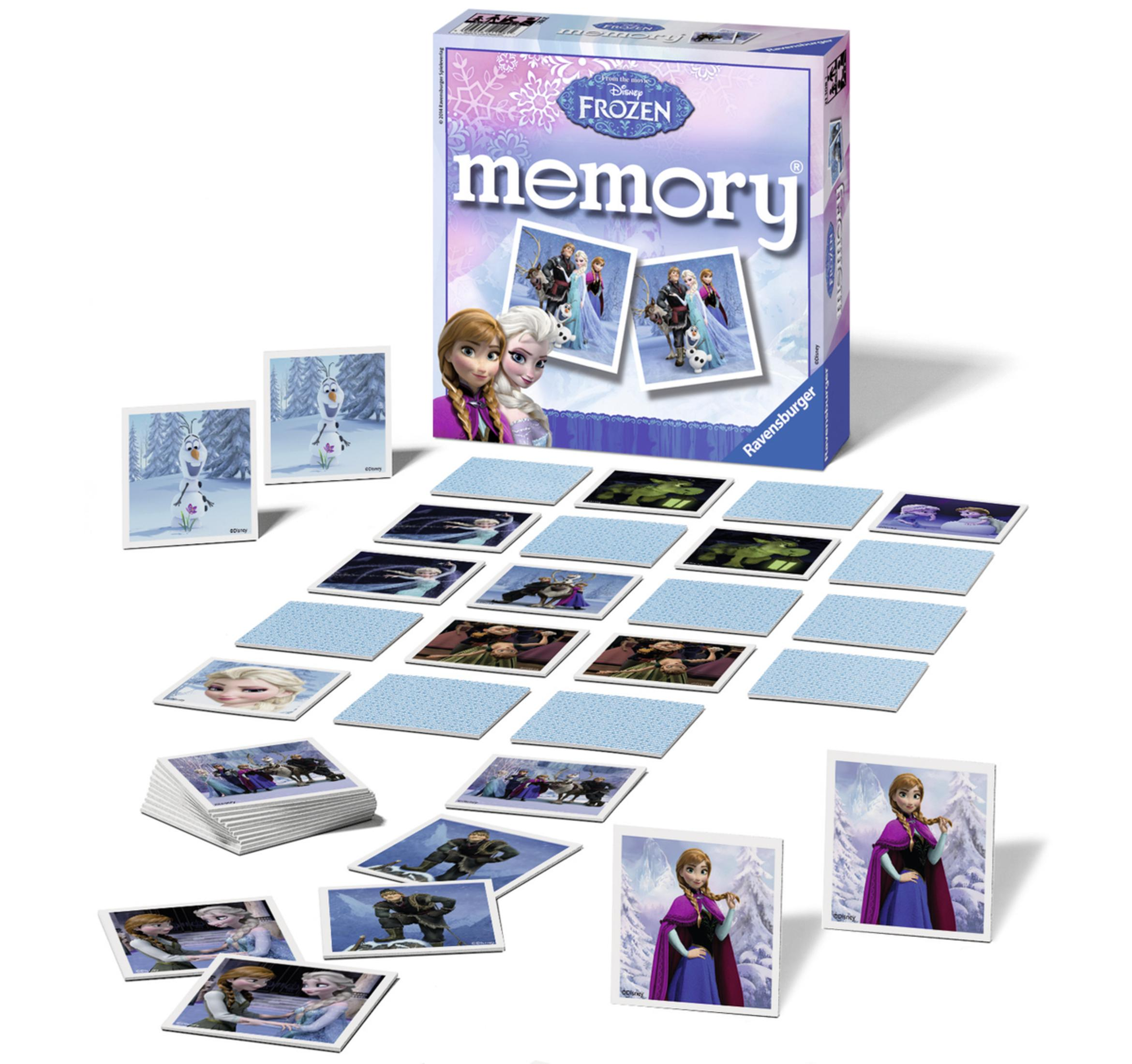 Frozen Memory-Spielbox mit Spielkarten, die Charaktere aus dem Film zeigen.