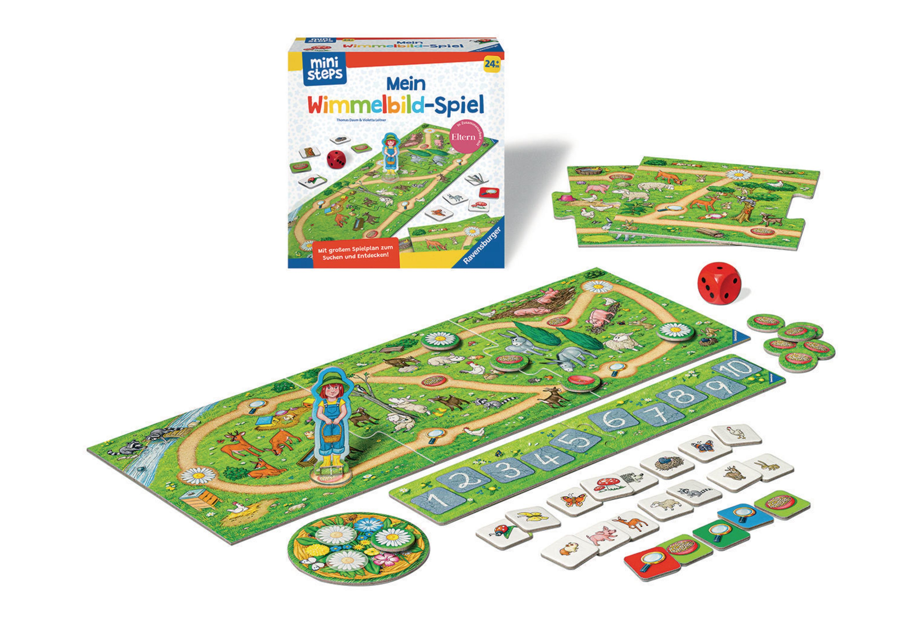 Kinderspiel mit Bauernhof-Thema, Spielsteinen und Würfel.