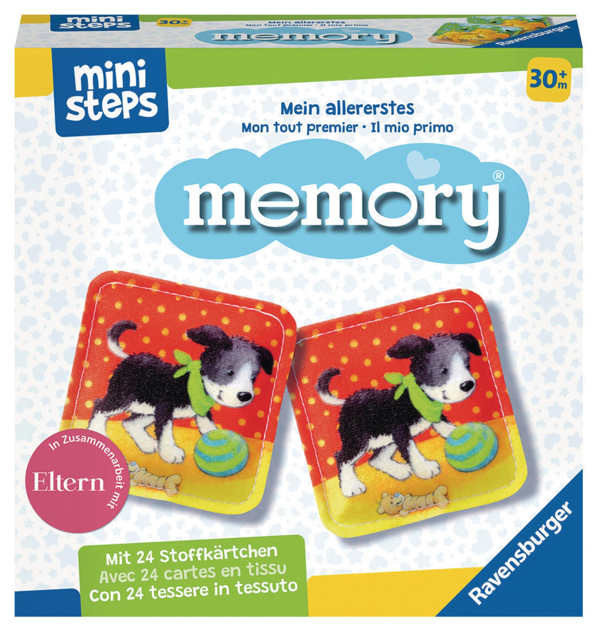 Pudełko gry pamięciowej z dwoma pasującymi kartami z psami. Na pudełku napis 'memory'.