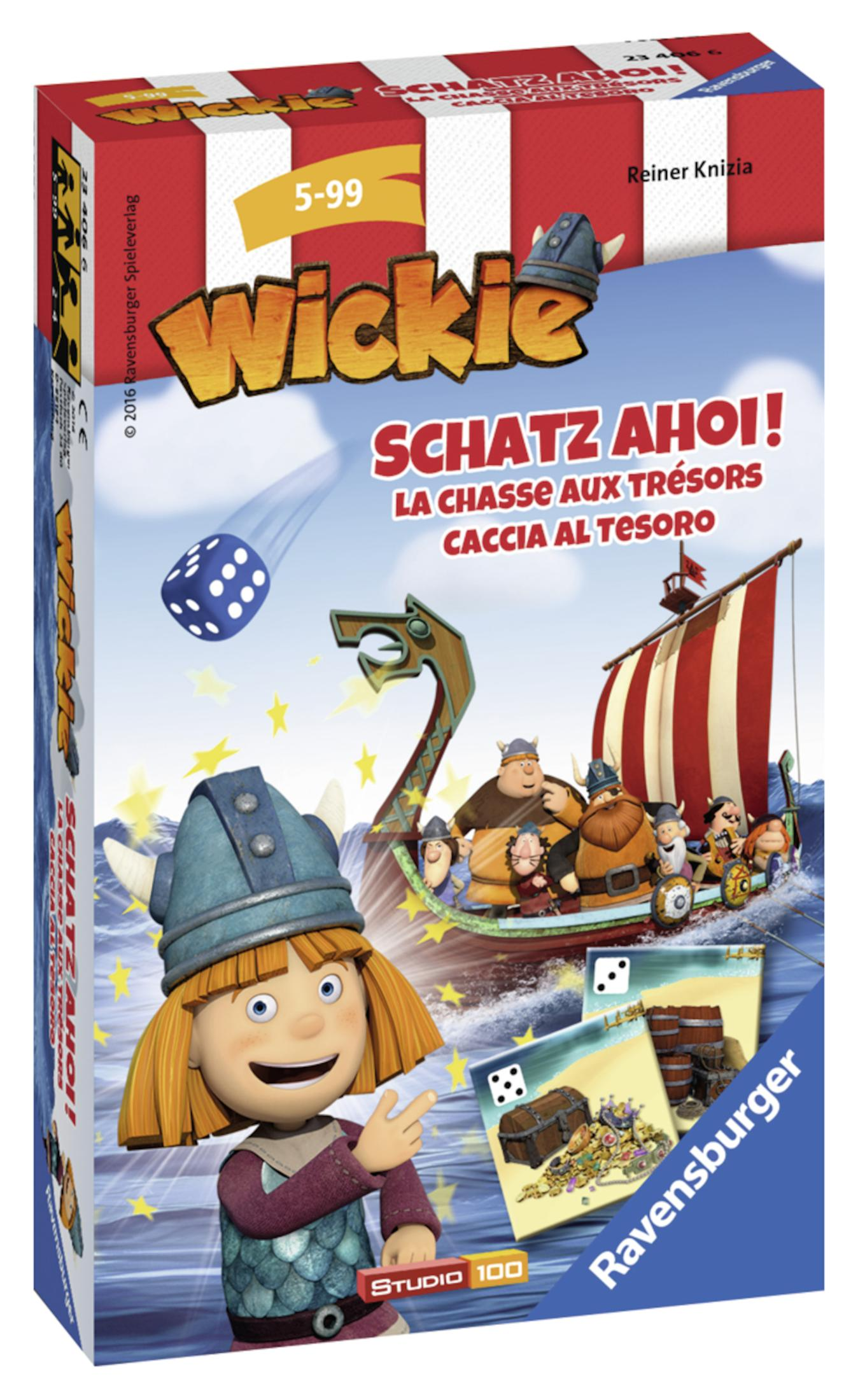Eine Brettspielbox mit einer Cartoon-Illustration von Wikingern auf einem Schiff und einem Mädchen-Charakter.