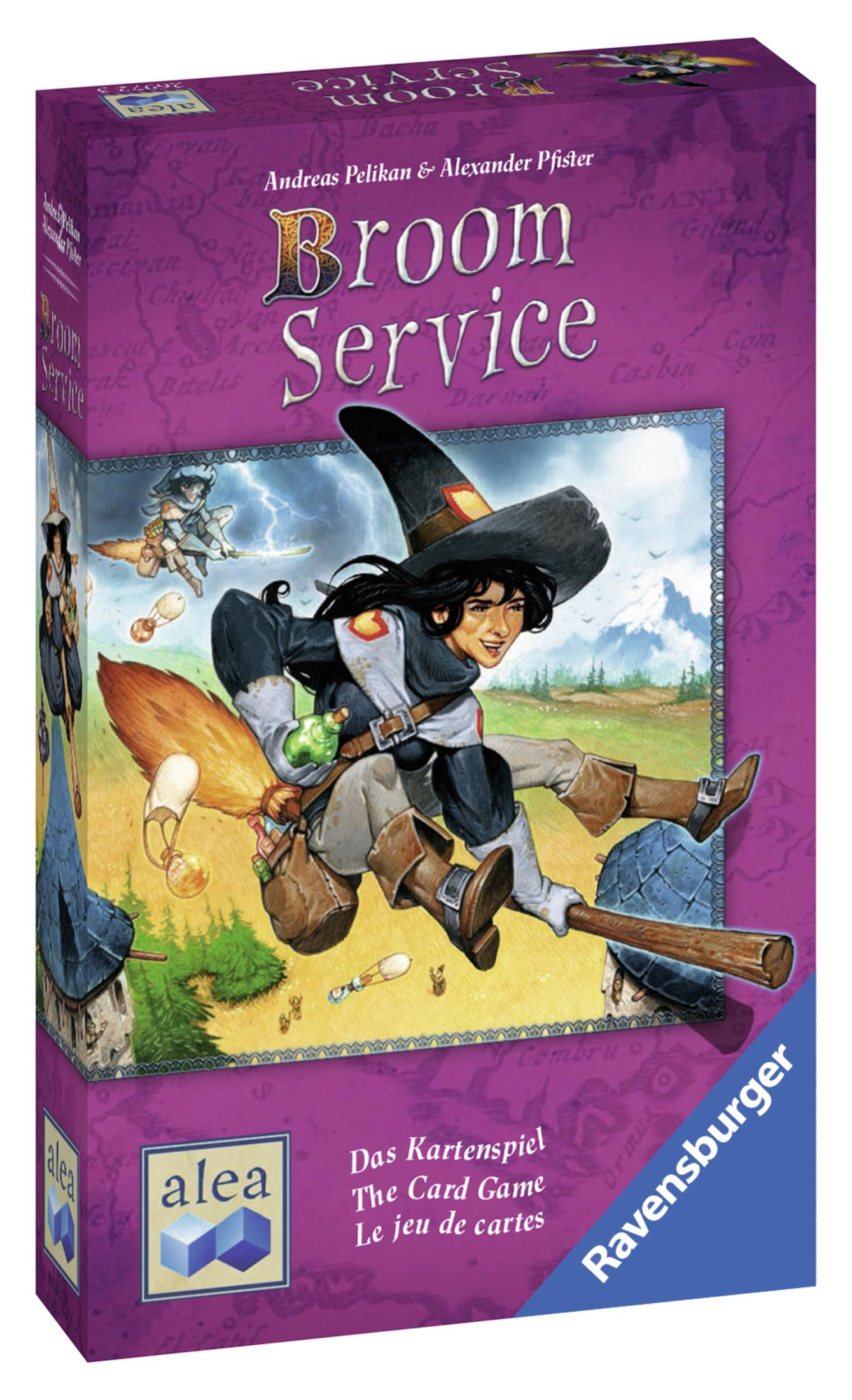 Schachtelkunst für das Brettspiel Broom Service: Hexe auf einem Besen, die über eine Landschaft fliegt.