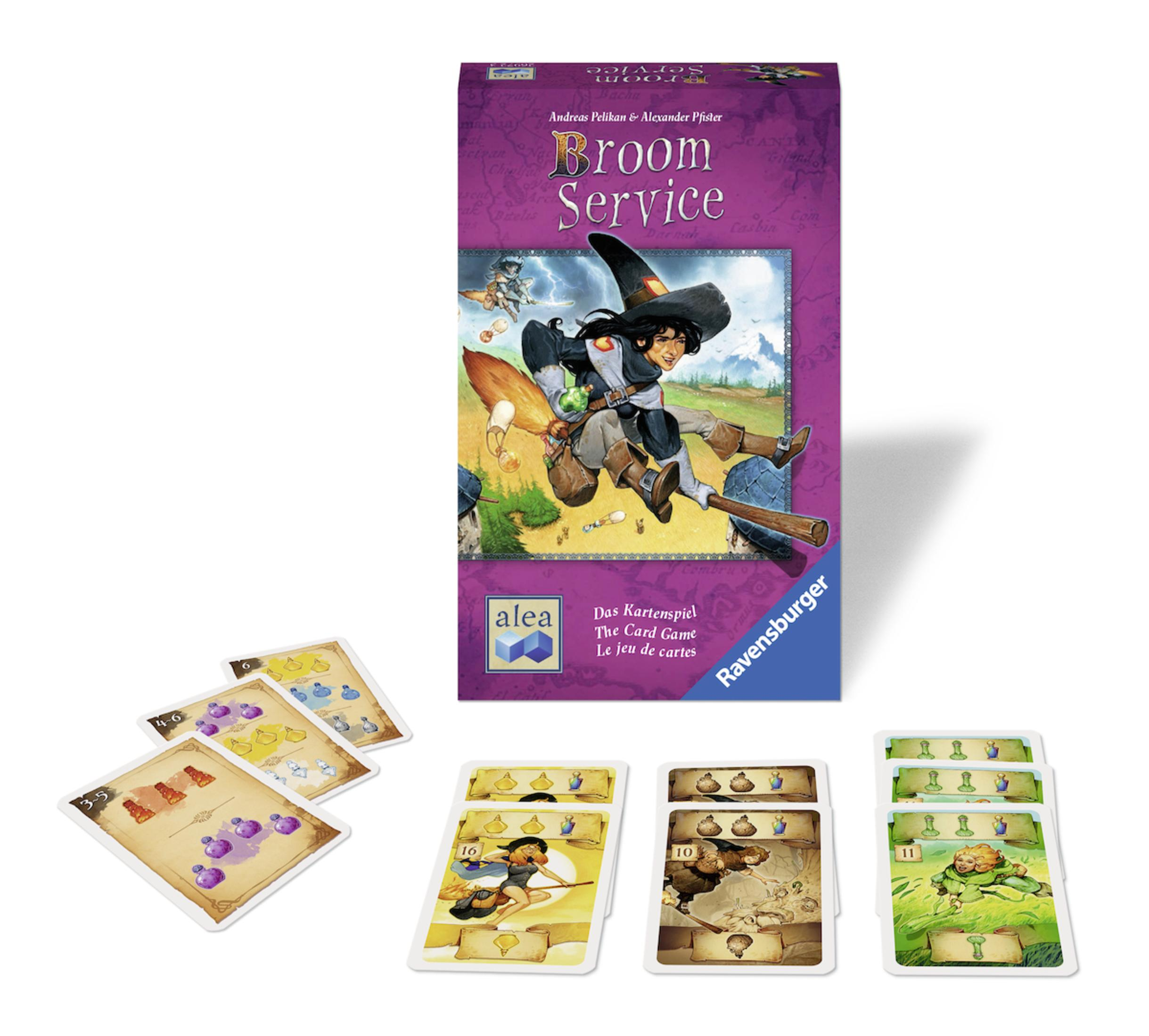 Brettspiel 'Broom Service' mit Karten und Box. Die Box zeigt eine Hexe auf einem Besen.