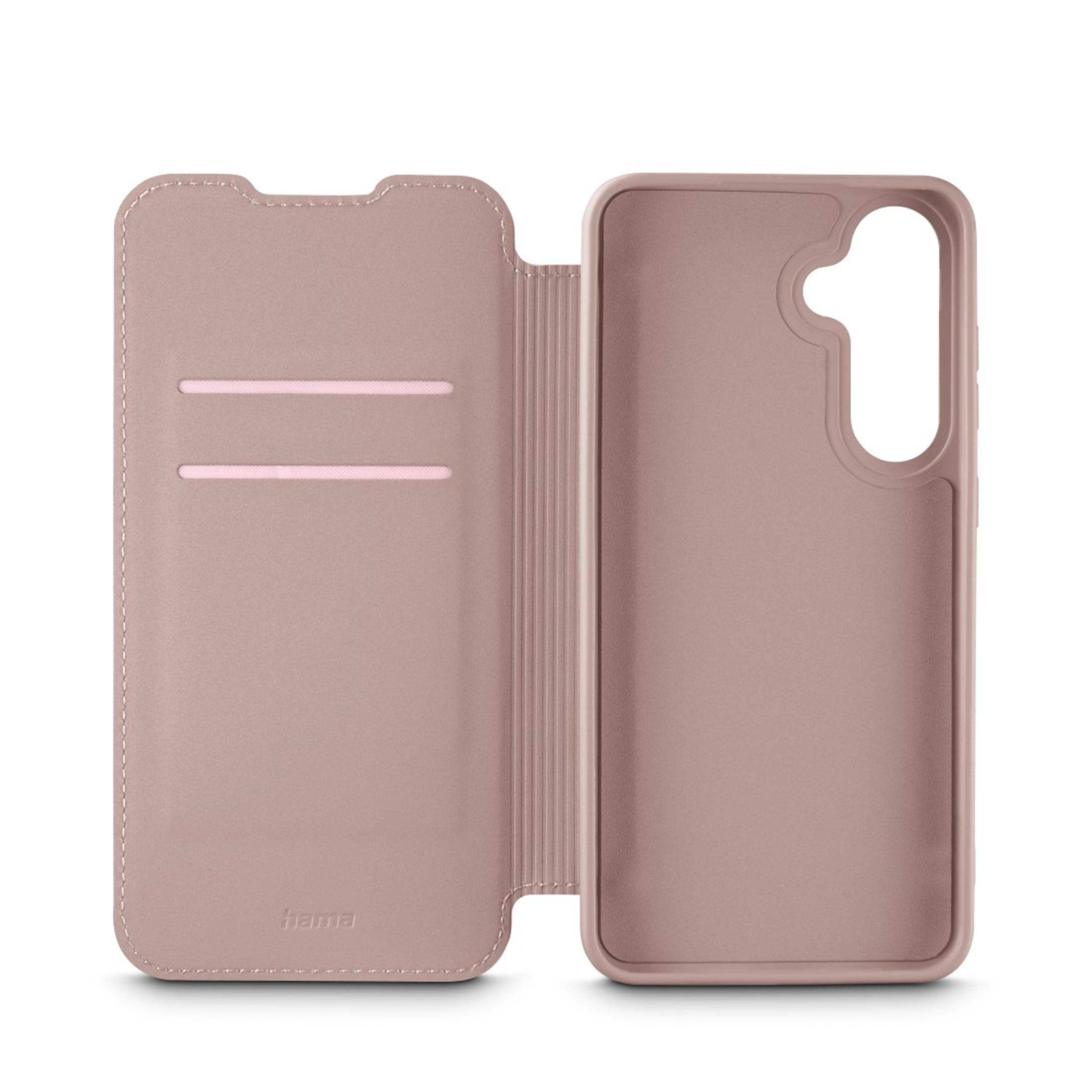 Étui de téléphone rose ouvert avec fentes pour cartes.