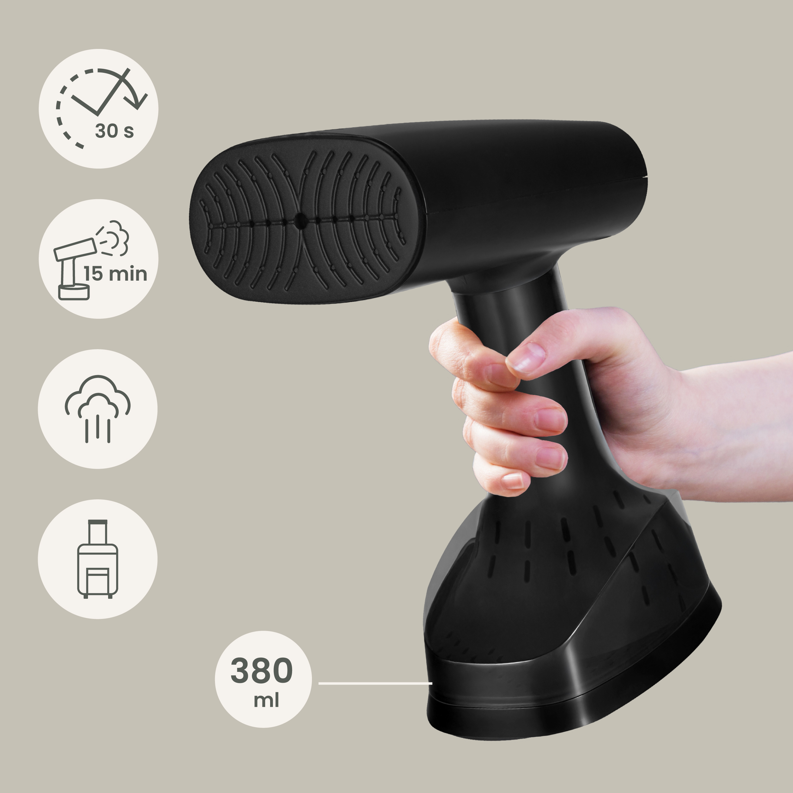 Czarny ręczny parownik z ikonami wskazującymi 30s nagrzewania, 15min parowania i pojemność 380ml.