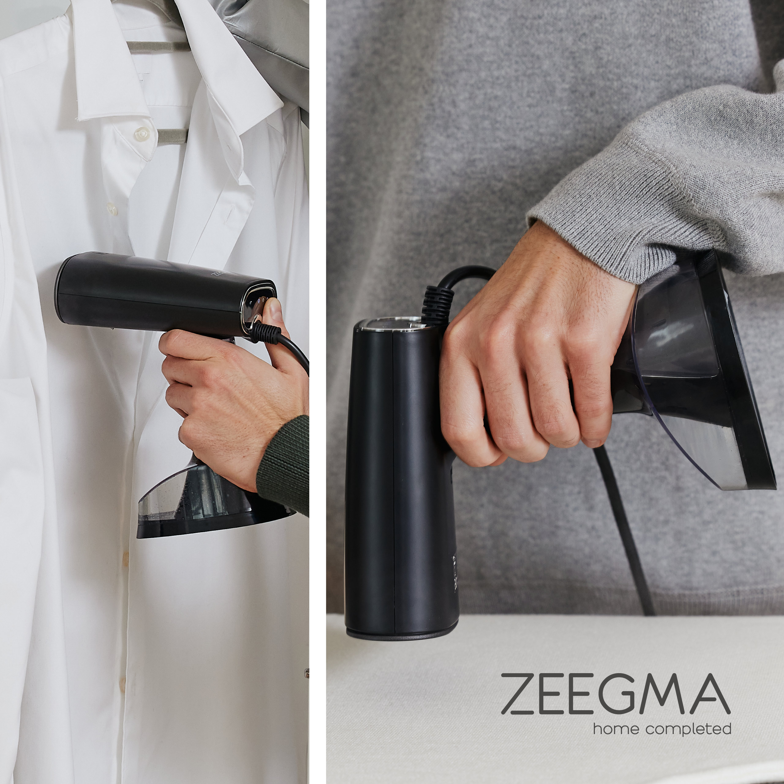 Mężczyzna używa czarnego ręcznego parowaru do białej koszuli. Logo ZEEMA.