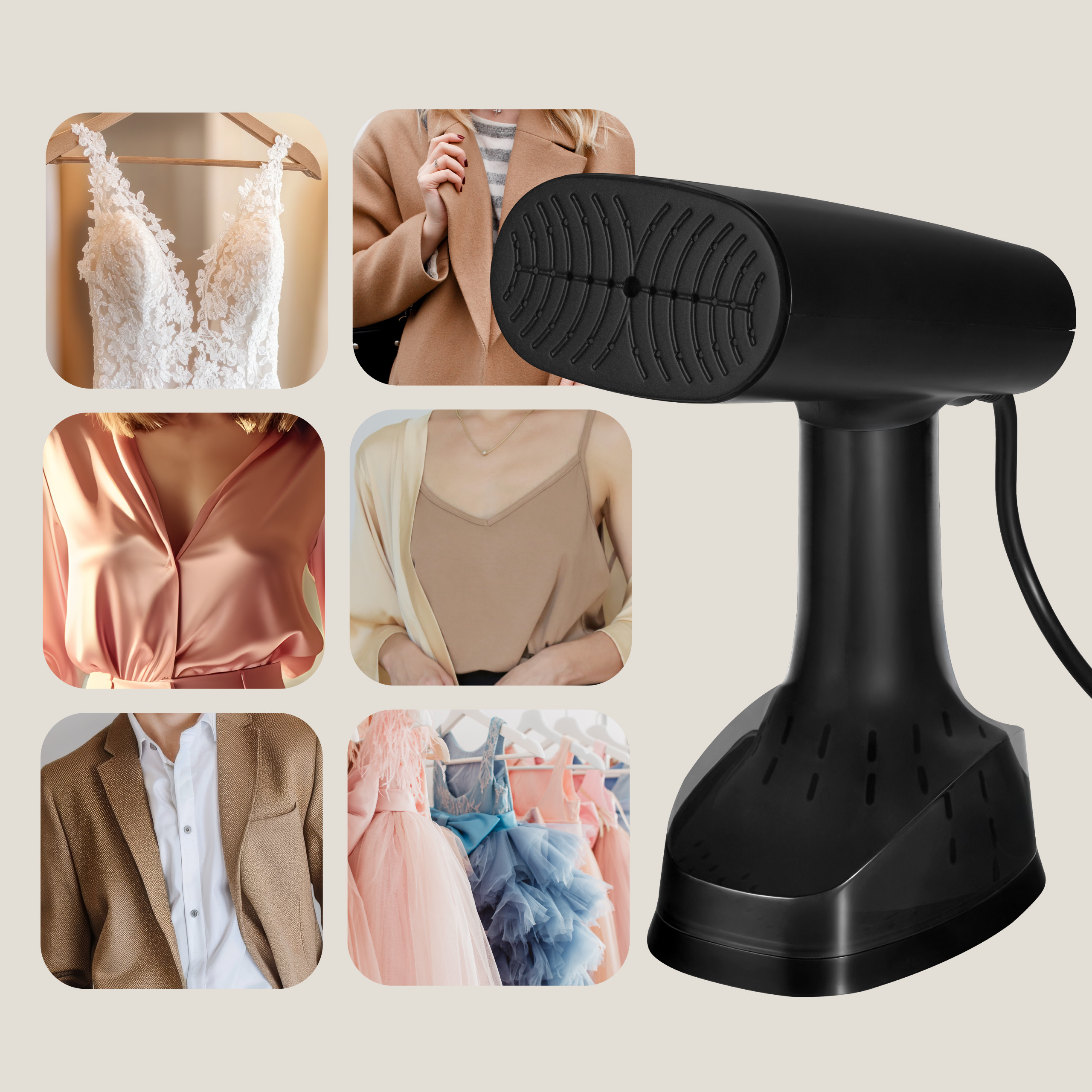 Czarny parownik do odzieży obok zdjęć ubrań: sukni ślubnej, płaszcza i sukienek.