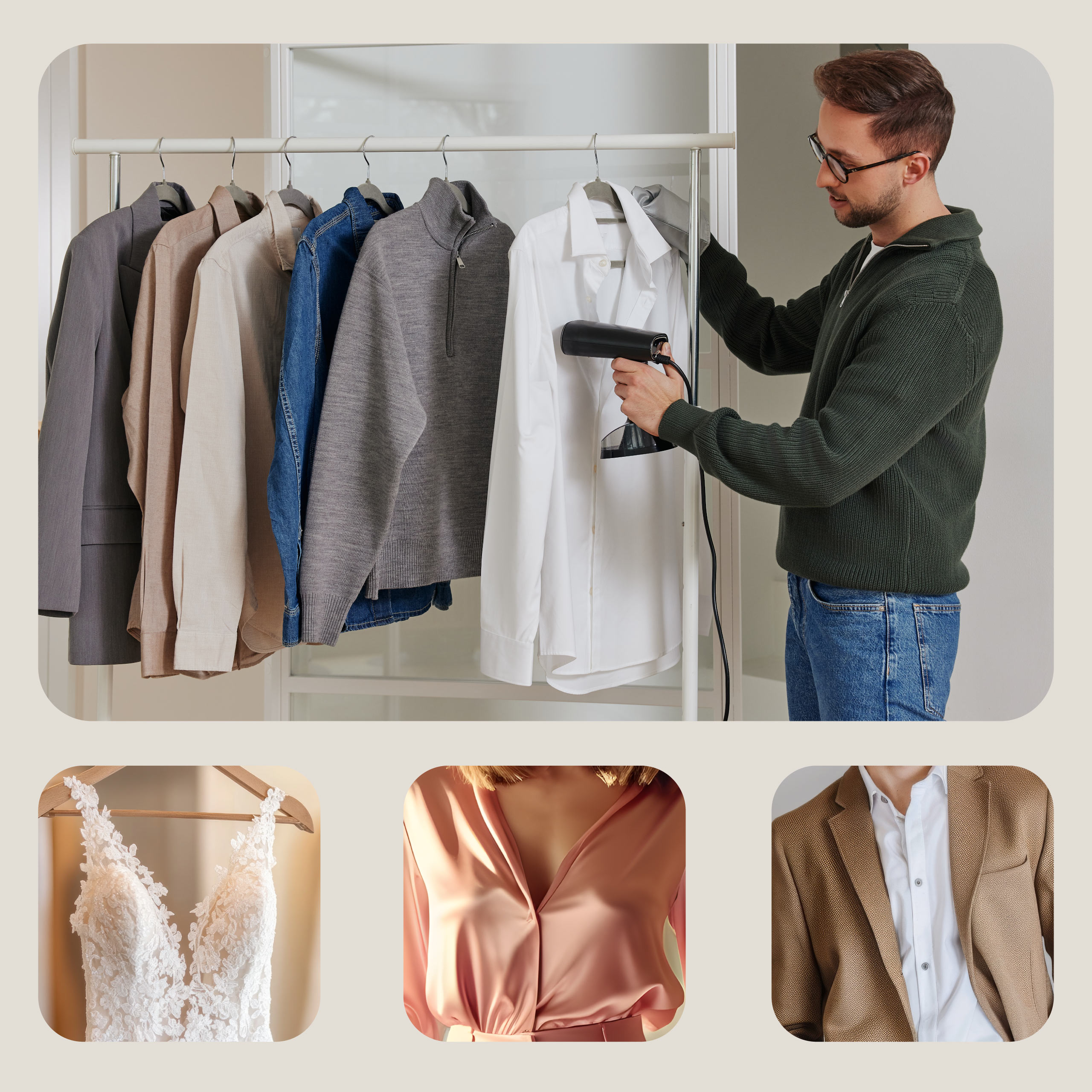 Mężczyzna prasuje białą koszulę na wieszaku. Widoczne są sukienki i kurtki.