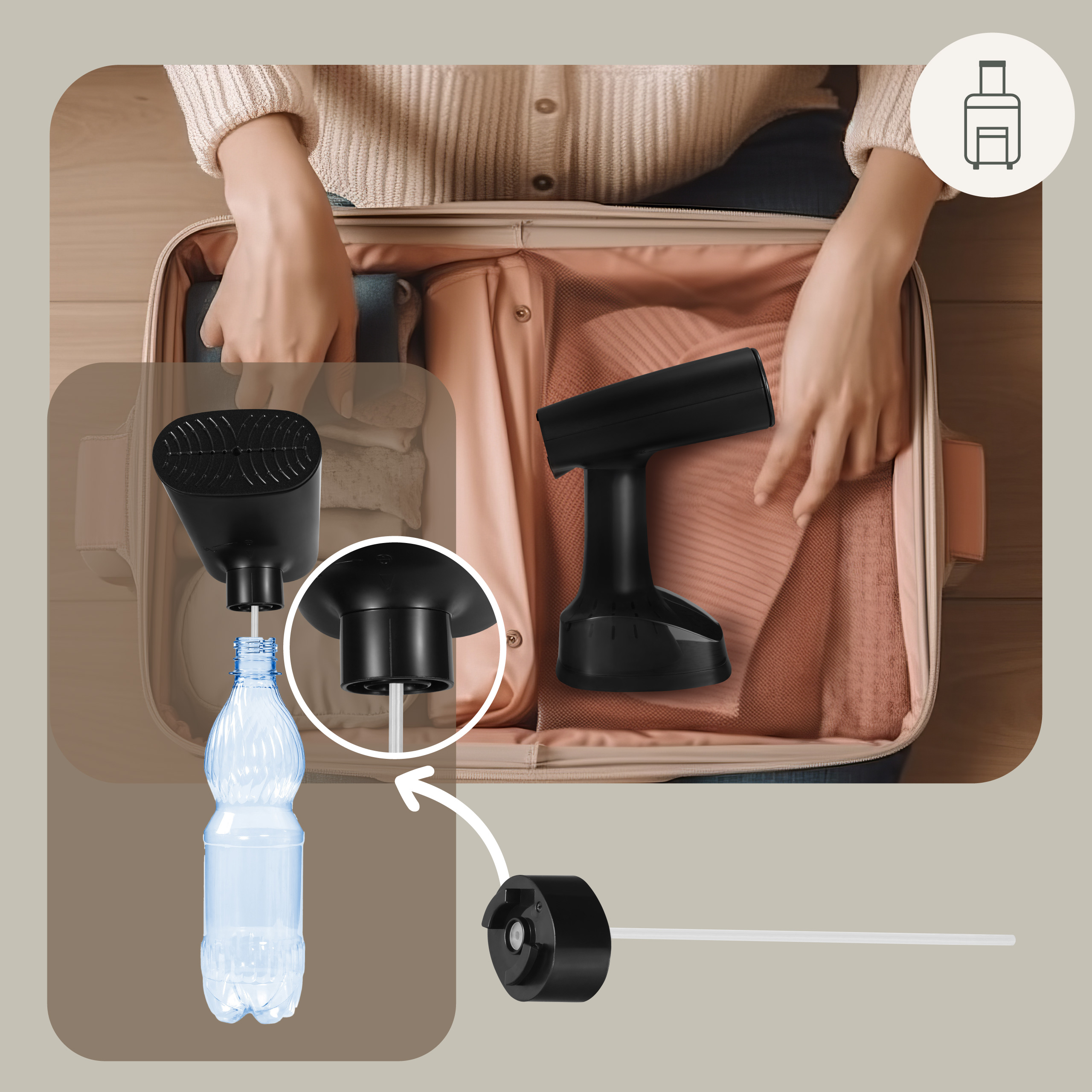 Kobieta pakuje czarny parownik do ubrań i butelkę wody do walizki.