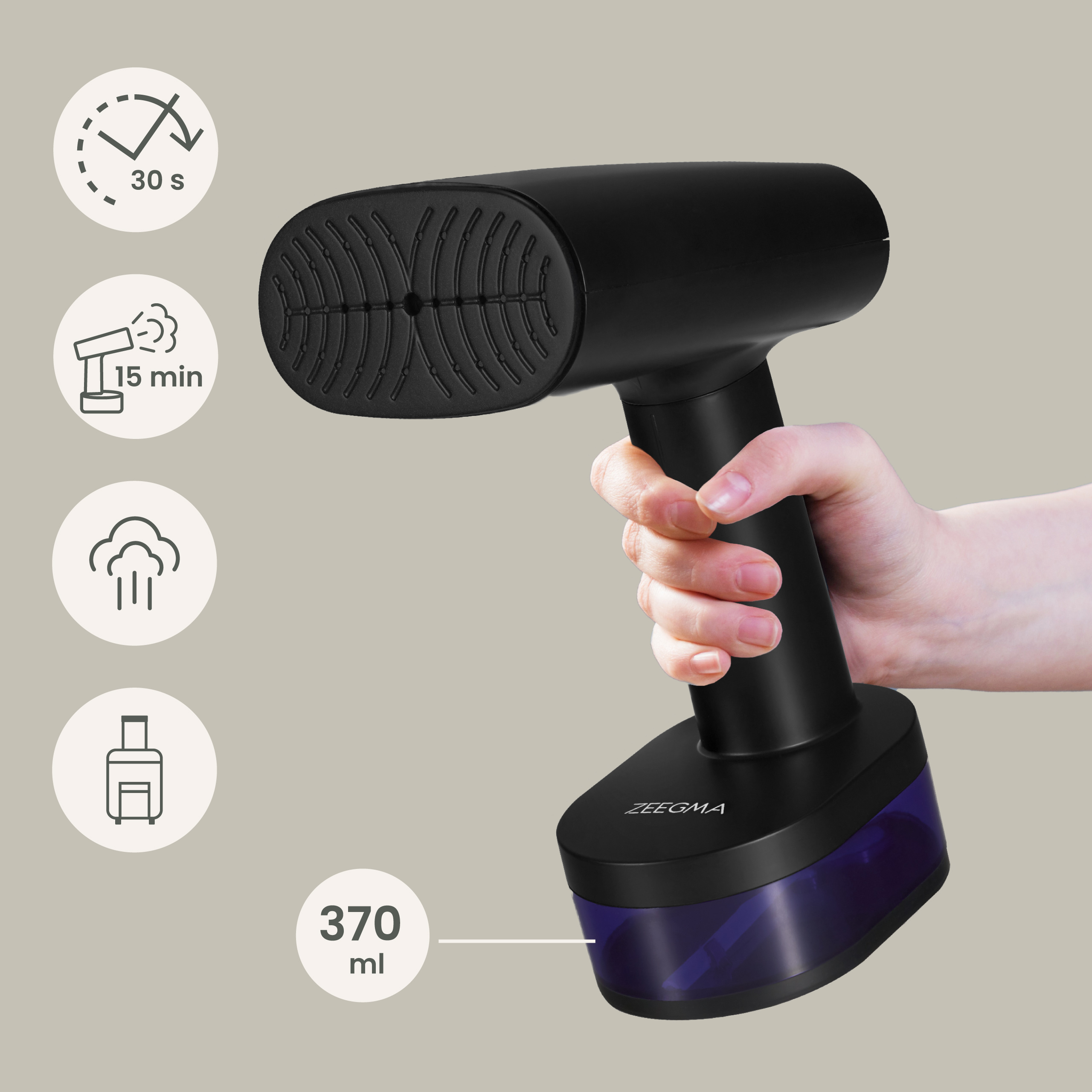 Czarny ręczny parownik do odzieży. Posiada zbiornik na wodę i nazwę marki ZEEOMA.