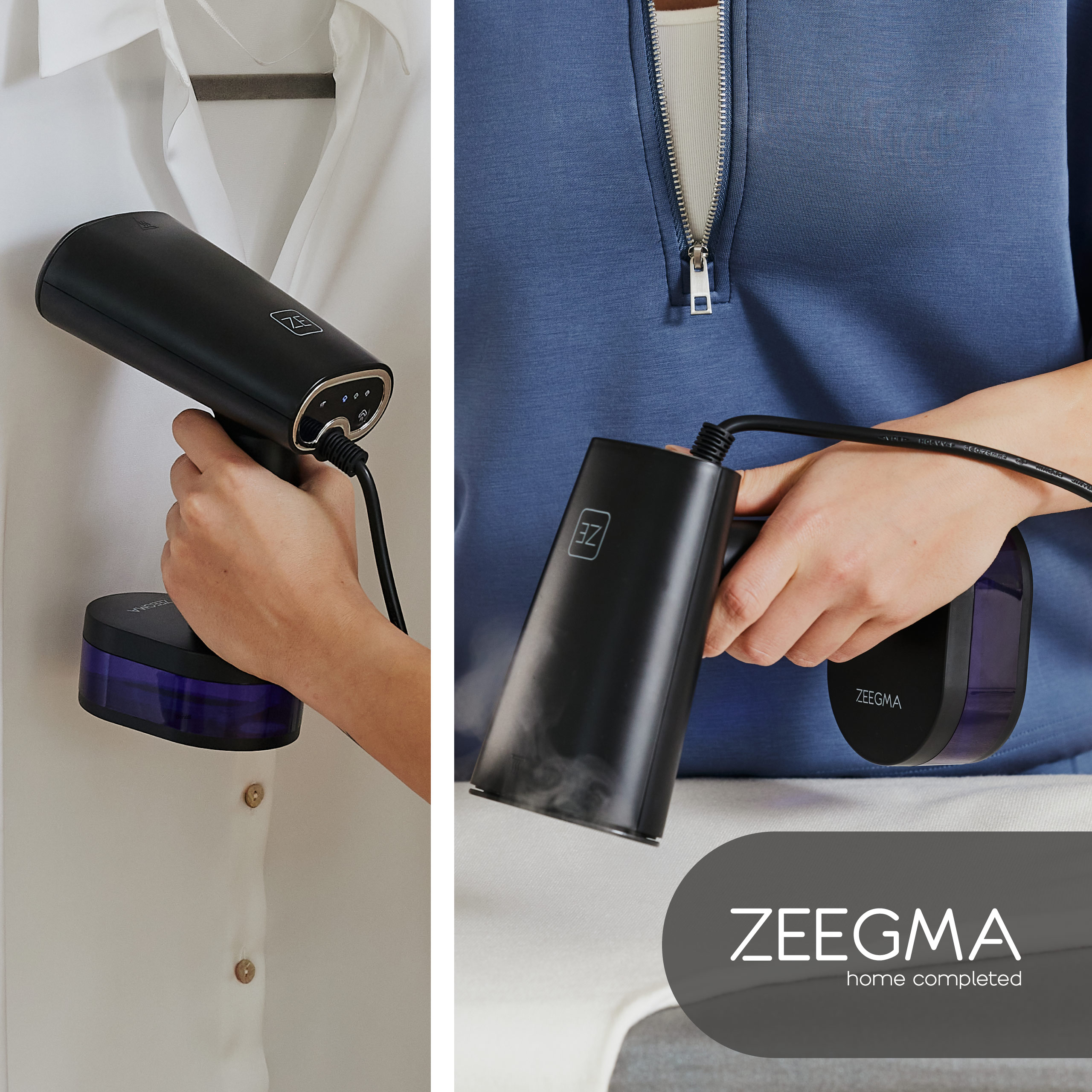 Czarny ręczny parownik do prasowania ubrań. Parownica trzymana przez osobę.