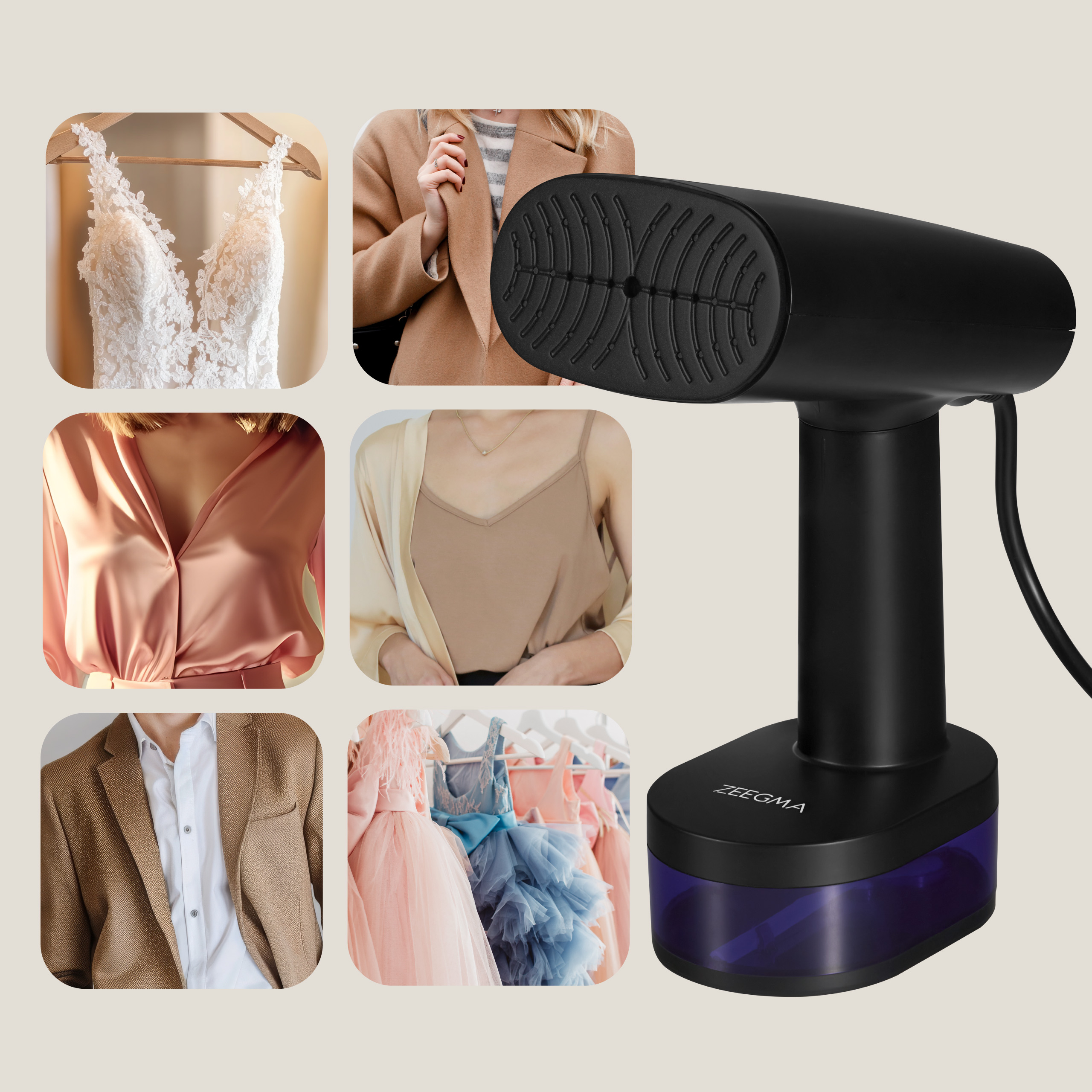 Czarny parownik do ubrań z różnymi elementami odzieży wokół niego. Jest sukienka i kurtka.