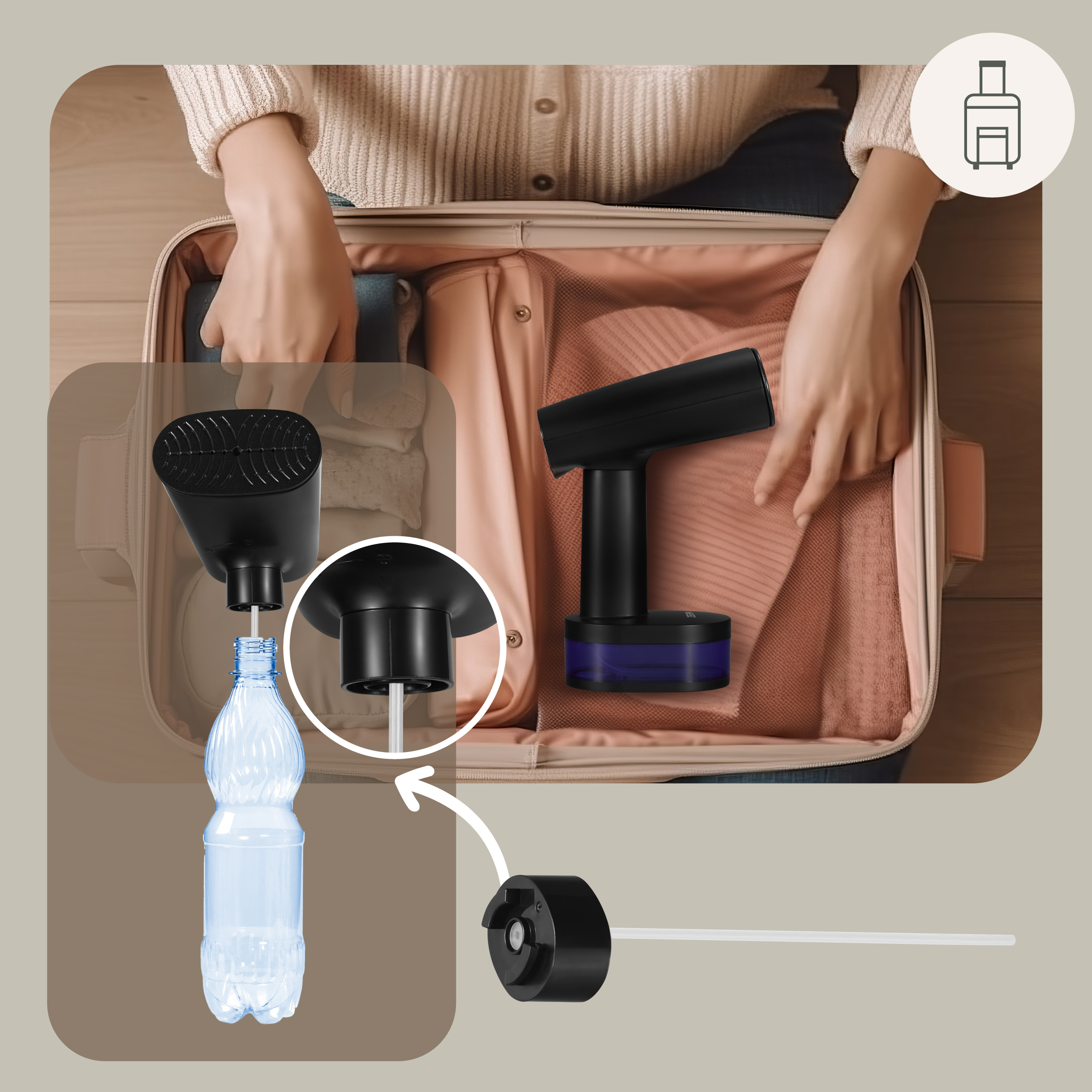 Osoba pakuje czarną parownicę podróżną. Butelka i głowica parowa pokazane oddzielnie.