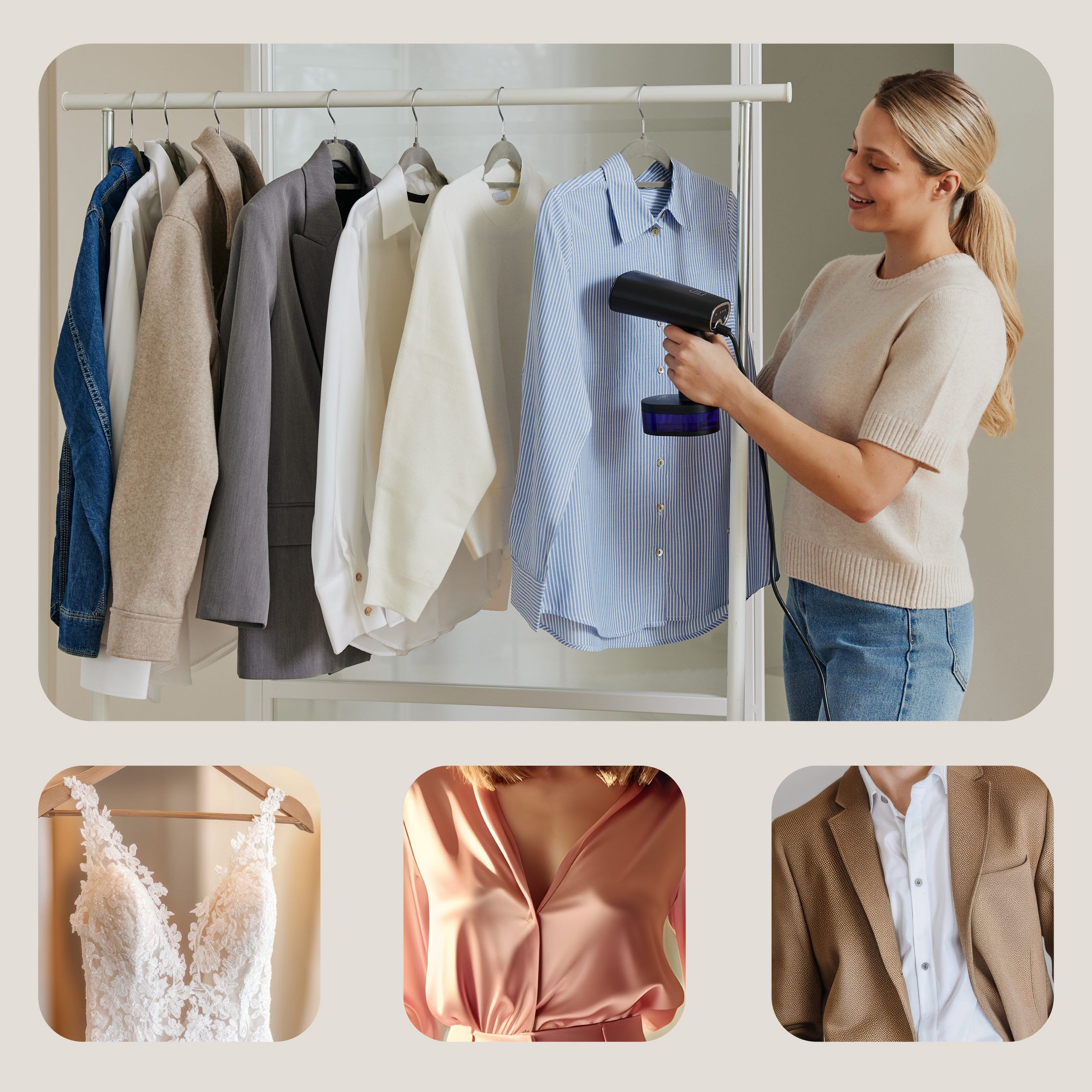 Kobieta prasująca koszulę wiszącą na wieszaku. Dodatkowe zdjęcia ubrań na dole.
