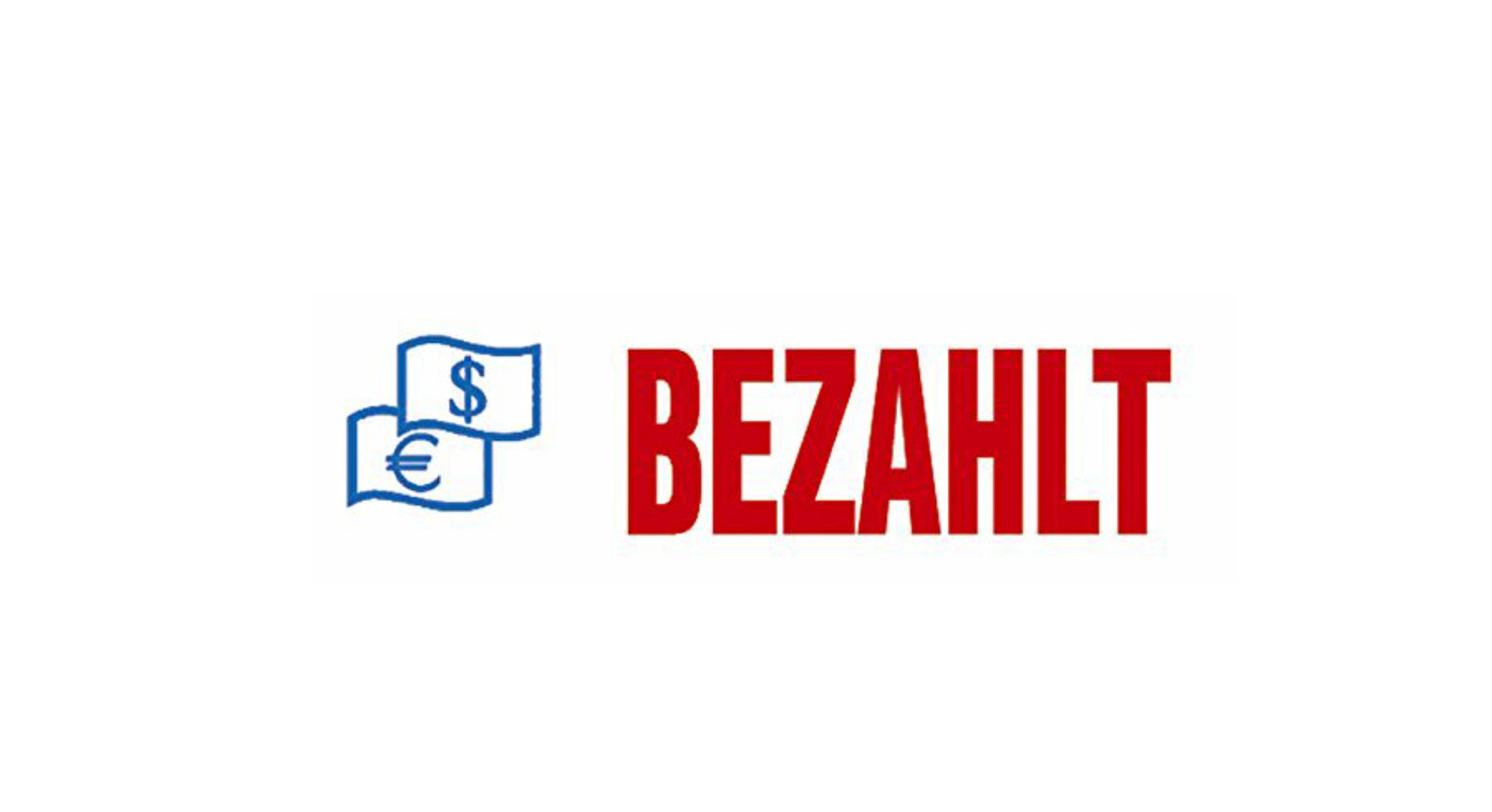 Ein Logo mit dem Text 'BEZAHLT' neben einem Euro- und Dollarsymbol.