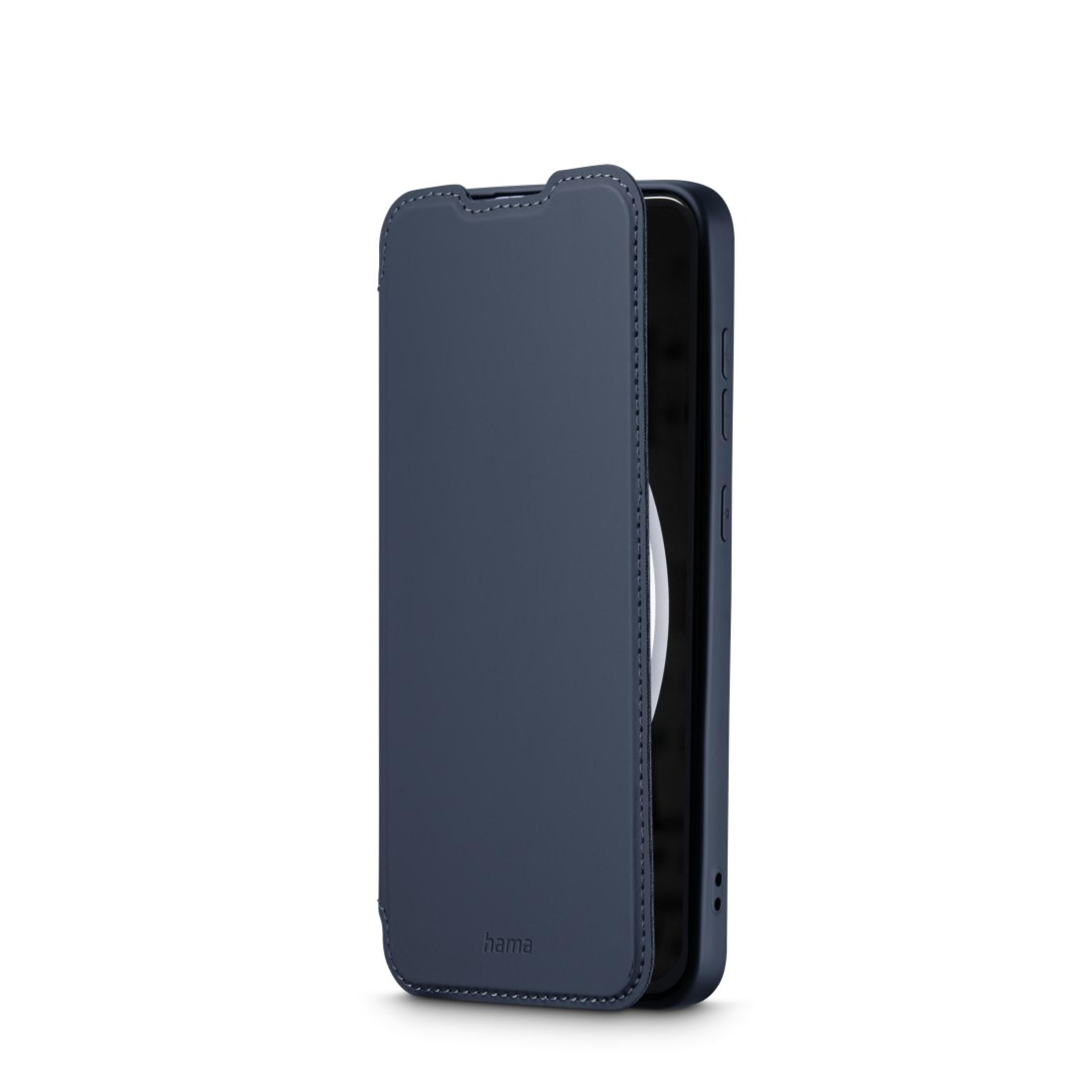 Coque de téléphone bleu marine, fermée, debout. L'étui est sur fond blanc.