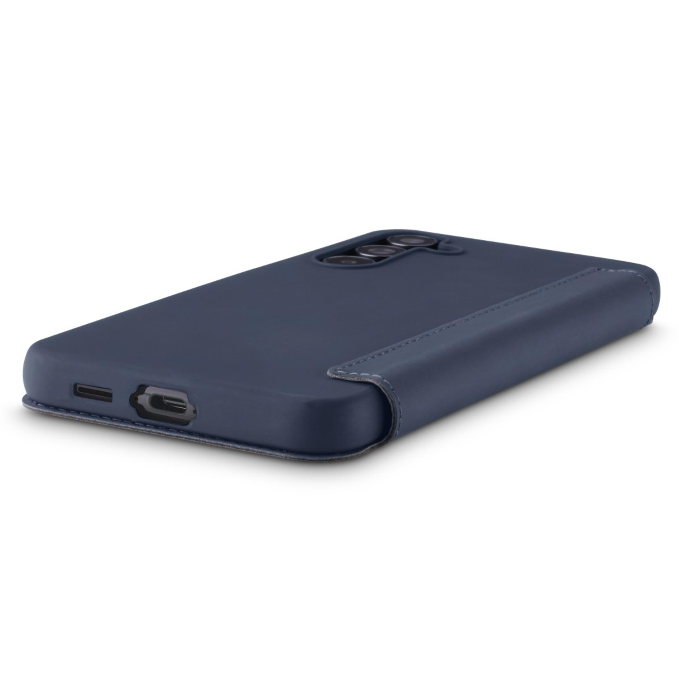Une coque de téléphone bleu foncé à plat, montrant l'appareil photo et le port de charge.