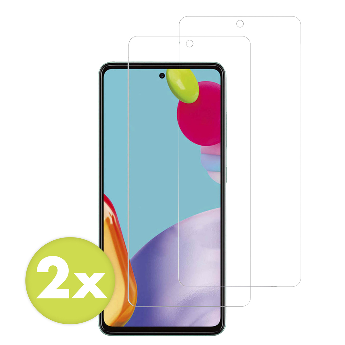 Twee schermbeschermers op een telefoonscherm, met een groene cirkel met '2x' eronder.