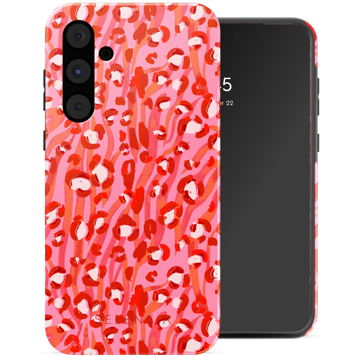 Une coque de téléphone avec un motif léopard rose et rouge à côté d'un téléphone noir.