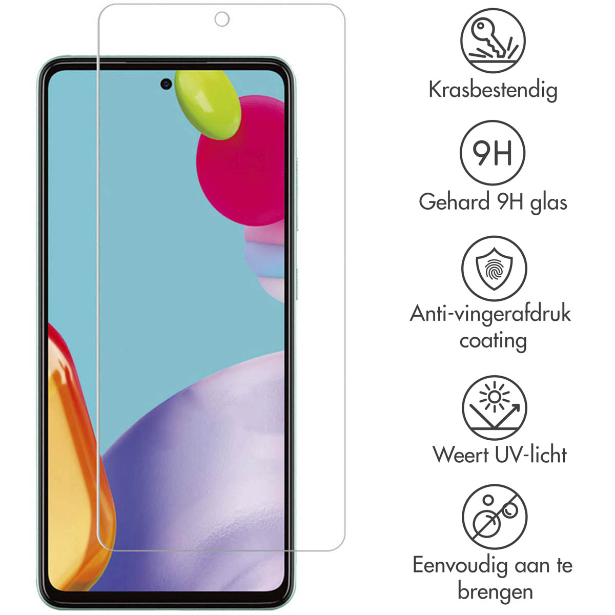 Telefoon met schermbeschermer, tekst en pictogrammen.