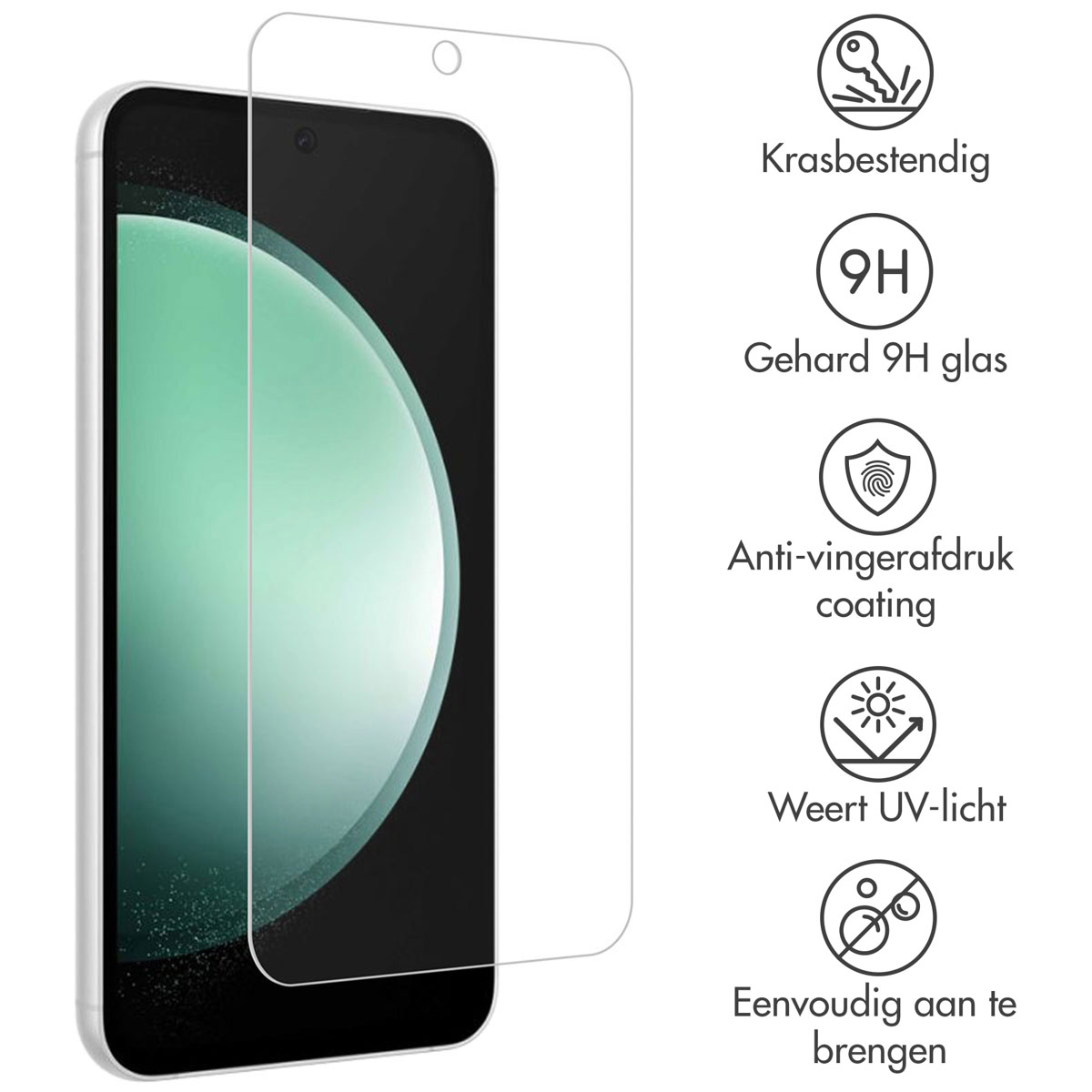 Un téléphone avec protecteur d'écran et icônes de résistance aux rayures, verre 9H, lumière UV.
