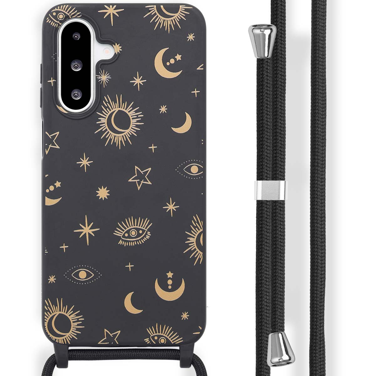 Zwarte telefoonhoes met gouden sterren, maan- en zonontwerpen en een zwarte band.