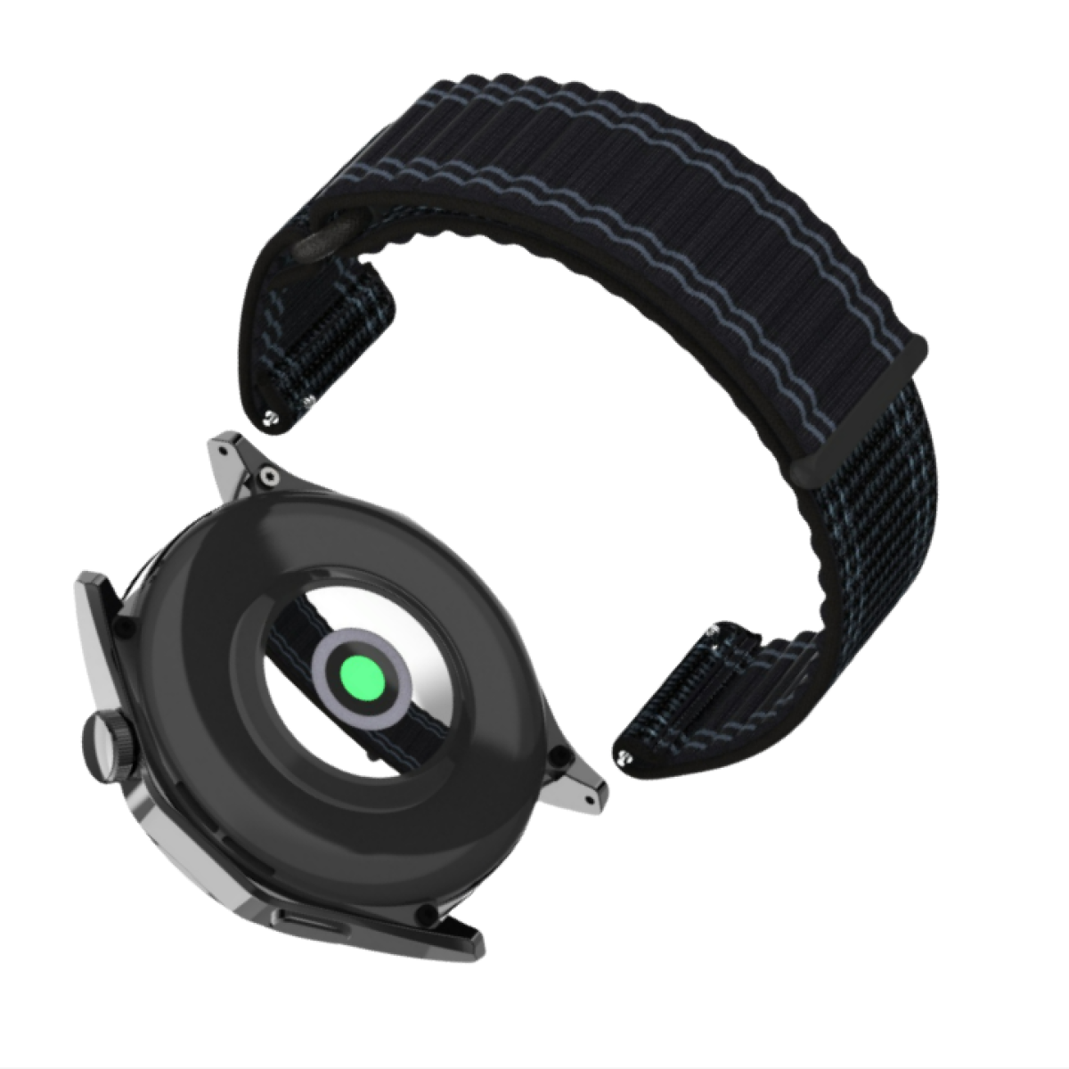Smartwatch mit schwarzem Armband, Rückseite zeigt Sensor und grünes Licht.