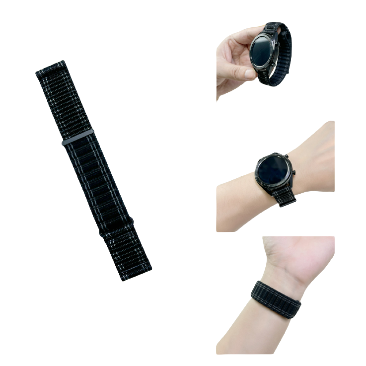 Schwarzes Uhrenarmband mit mehreren Bildern. Das Armband ist schwarz mit einem gemusterten Design.