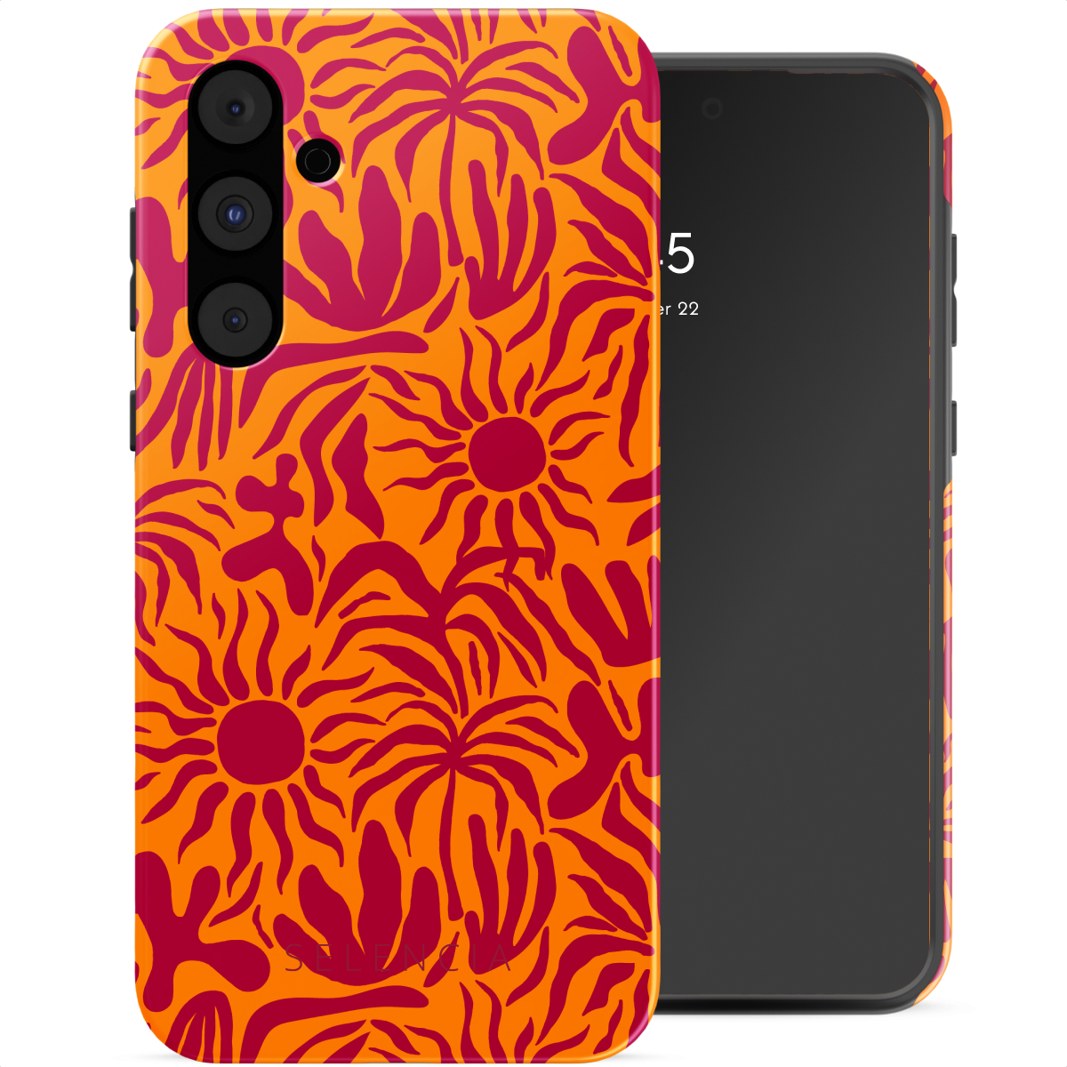 Coque de téléphone orange avec un motif floral rouge. Un téléphone noir est à côté. La coque recouvre le téléphone.