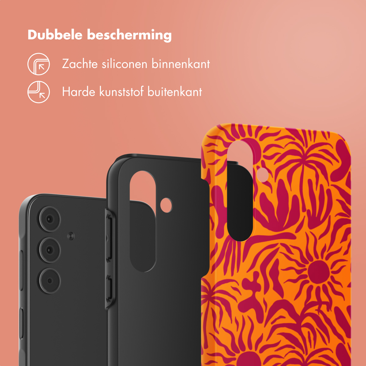 Téléphone noir, coque noire et coque orange avec un motif d'éclats de soleil rouges.