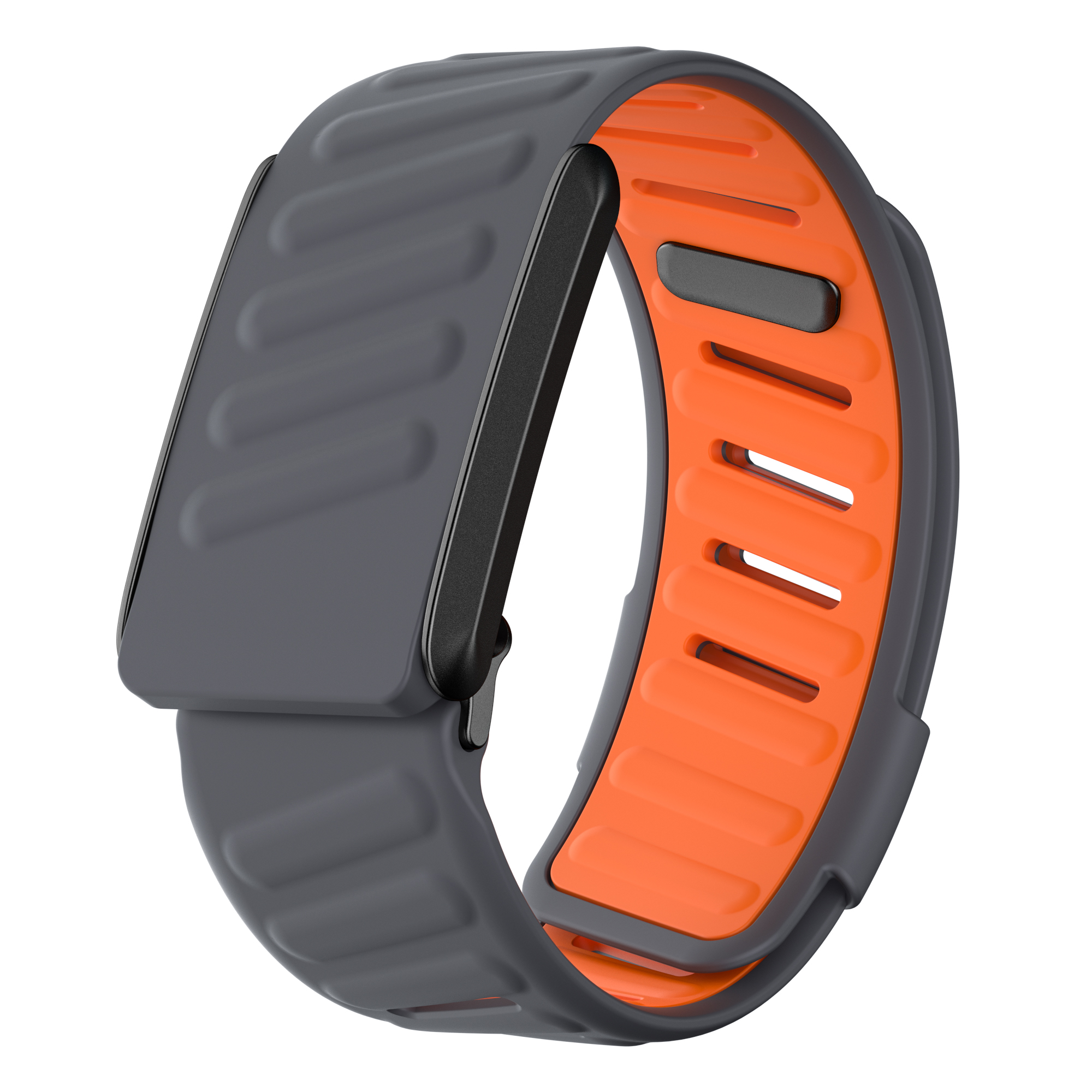 Szary i pomarańczowy tracker fitness. Tracker jest na białym tle.