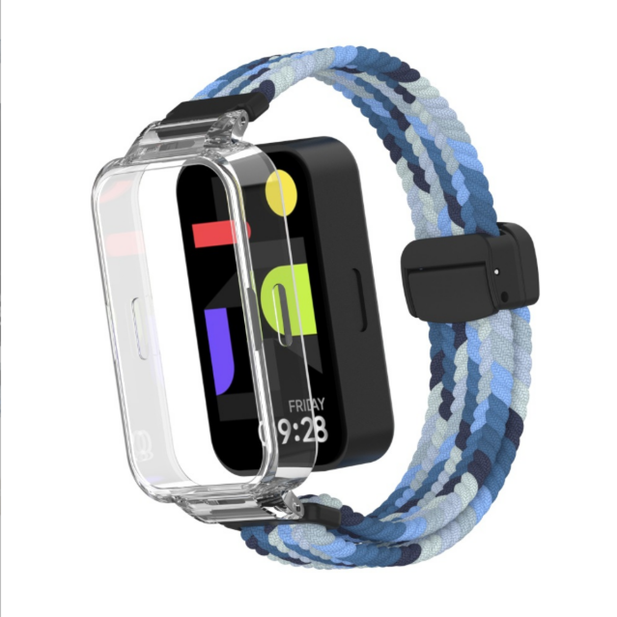 Pleciony niebiesko-biały pasek do zegarka z przezroczystym etui, pokazujący ekran.