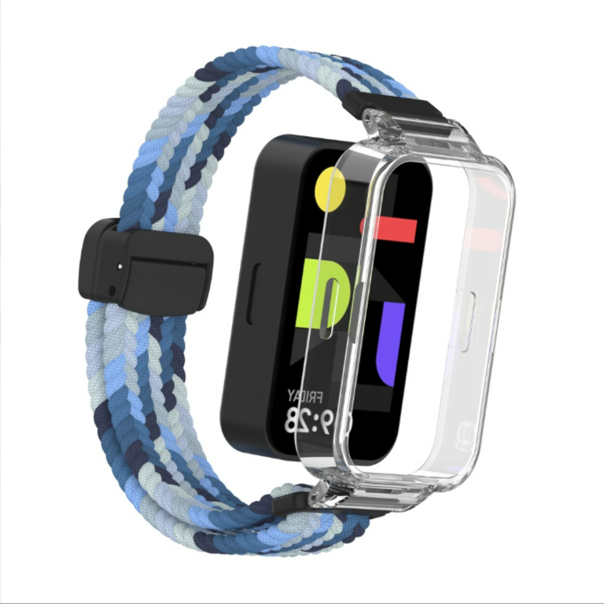 Smartwatch z niebiesko-szarym paskiem i przezroczystym etui na białym tle.