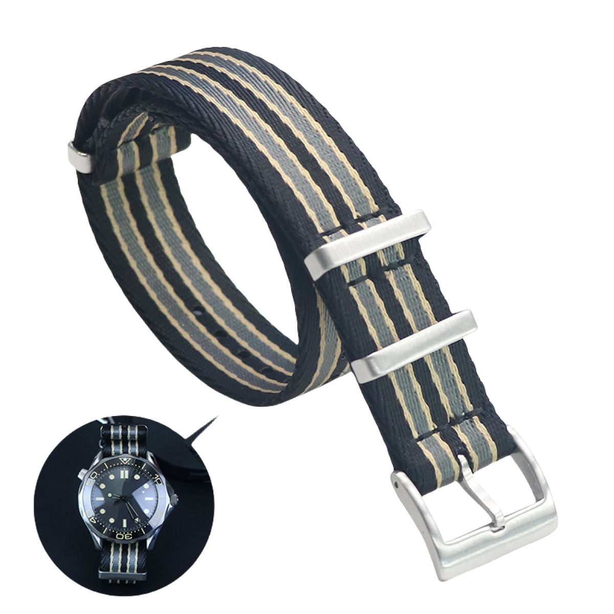 Ein gestreiftes Uhrenarmband mit Metallverschlüssen und eine Uhr mit einem ähnlichen Armband in einem kleinen Ausschnitt.