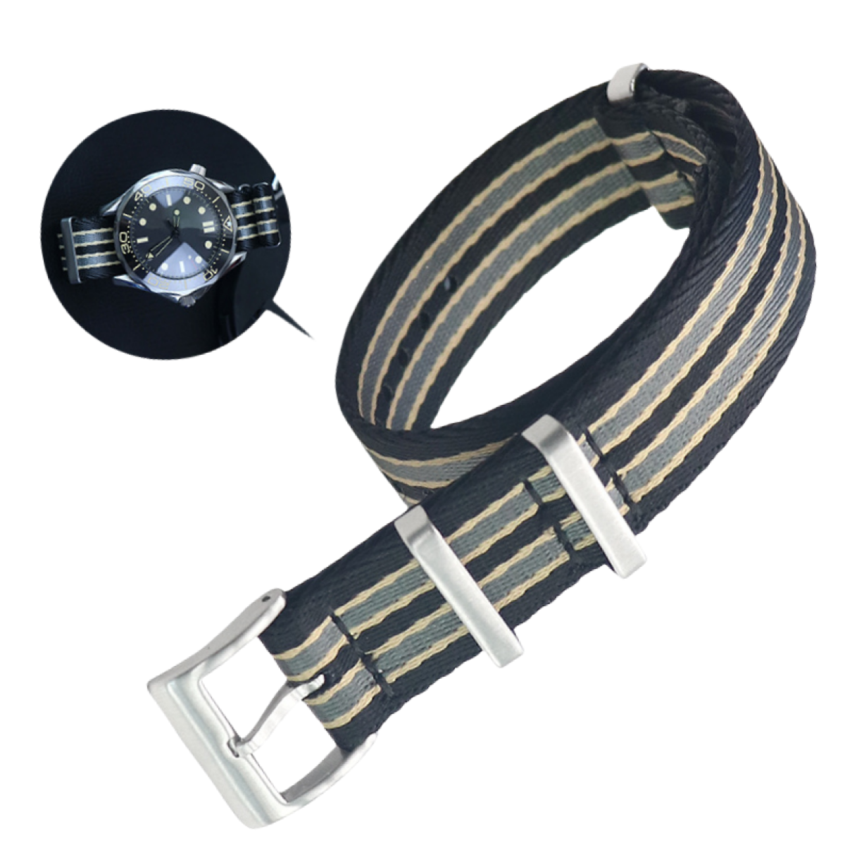 Uhrenarmband mit schwarzen, grauen und beigen Streifen. Im Hintergrund eine Uhr.