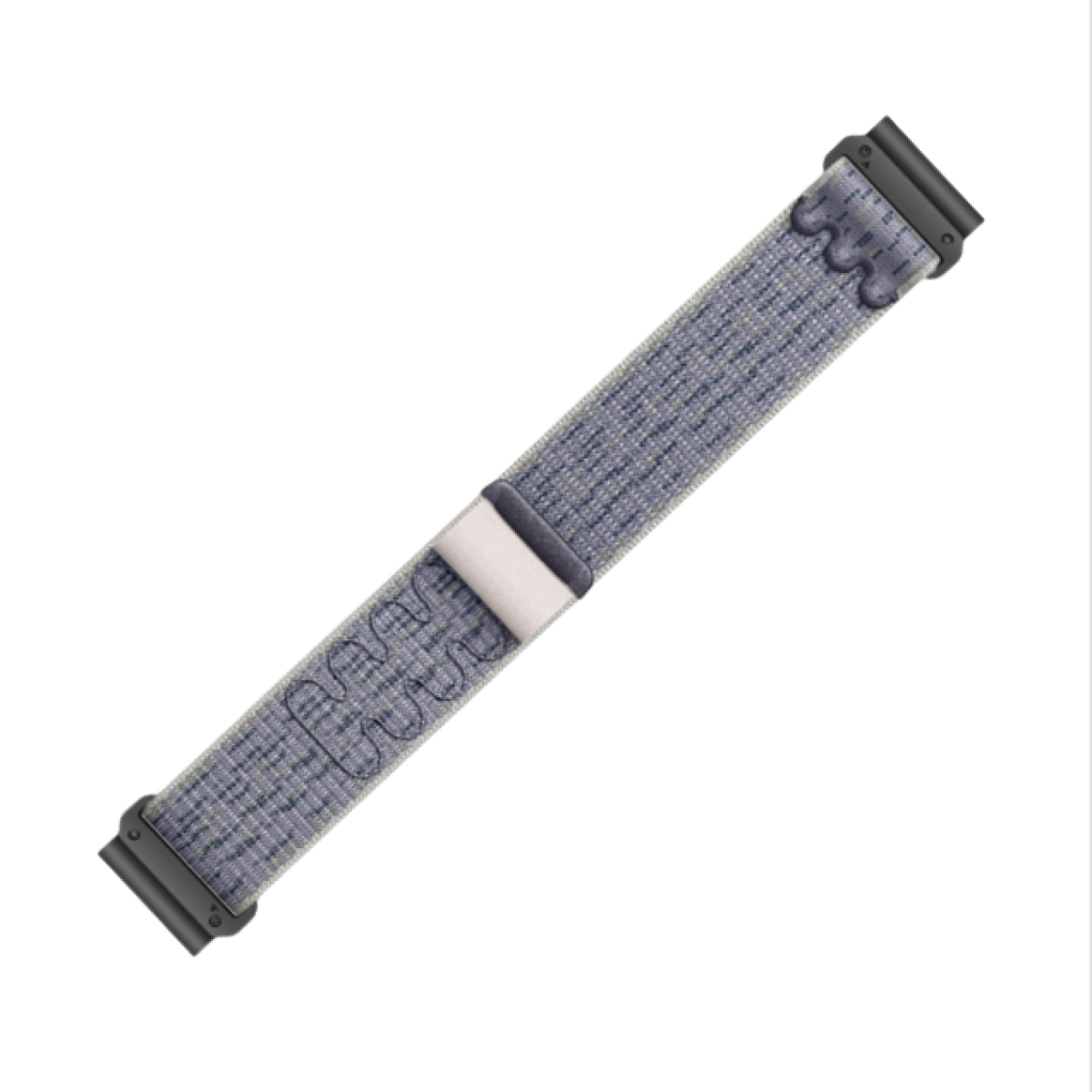 Armband mit gewebtem blau-grauen Muster und schwarzen Anschlüssen.