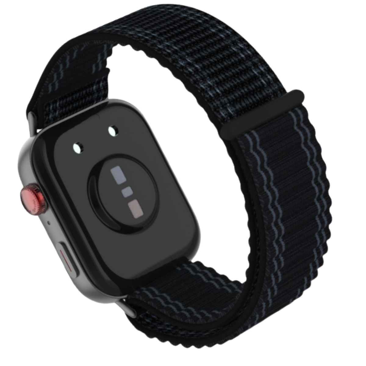 Schwarze Smartwatch mit schwarz-grau kariertem Band. Die Rückseite ist schwarz mit einem roten Knopf.