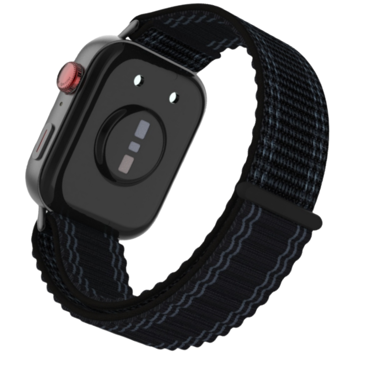 Eine schwarze Smartwatch mit schwarzem Armband und rotem Knopf, die Rückseite mit Sensoren zeigend.