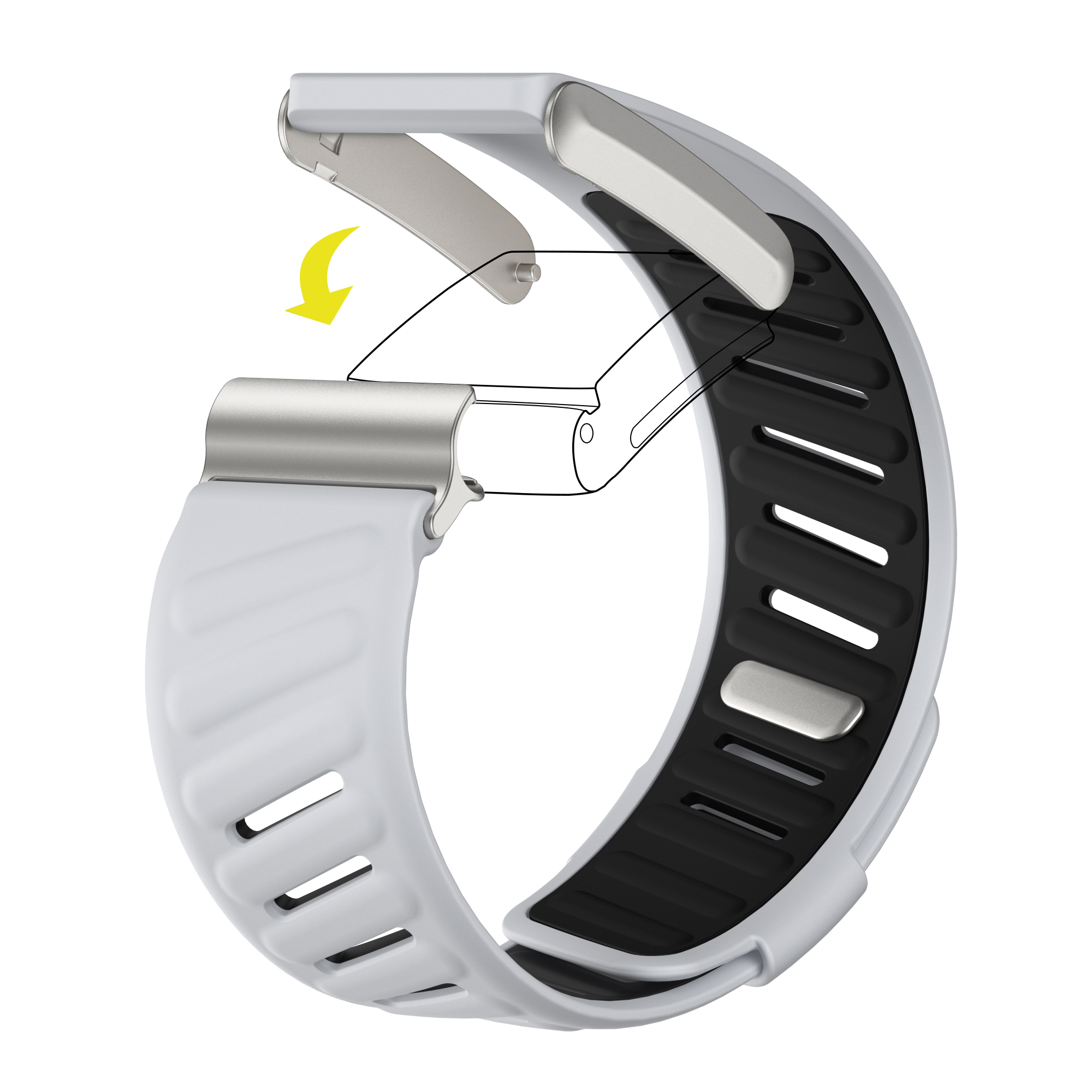 Weißes Smartwatch-Armband. Zeigt, wie man das Band an der Uhr befestigt. Weißer Hintergrund.