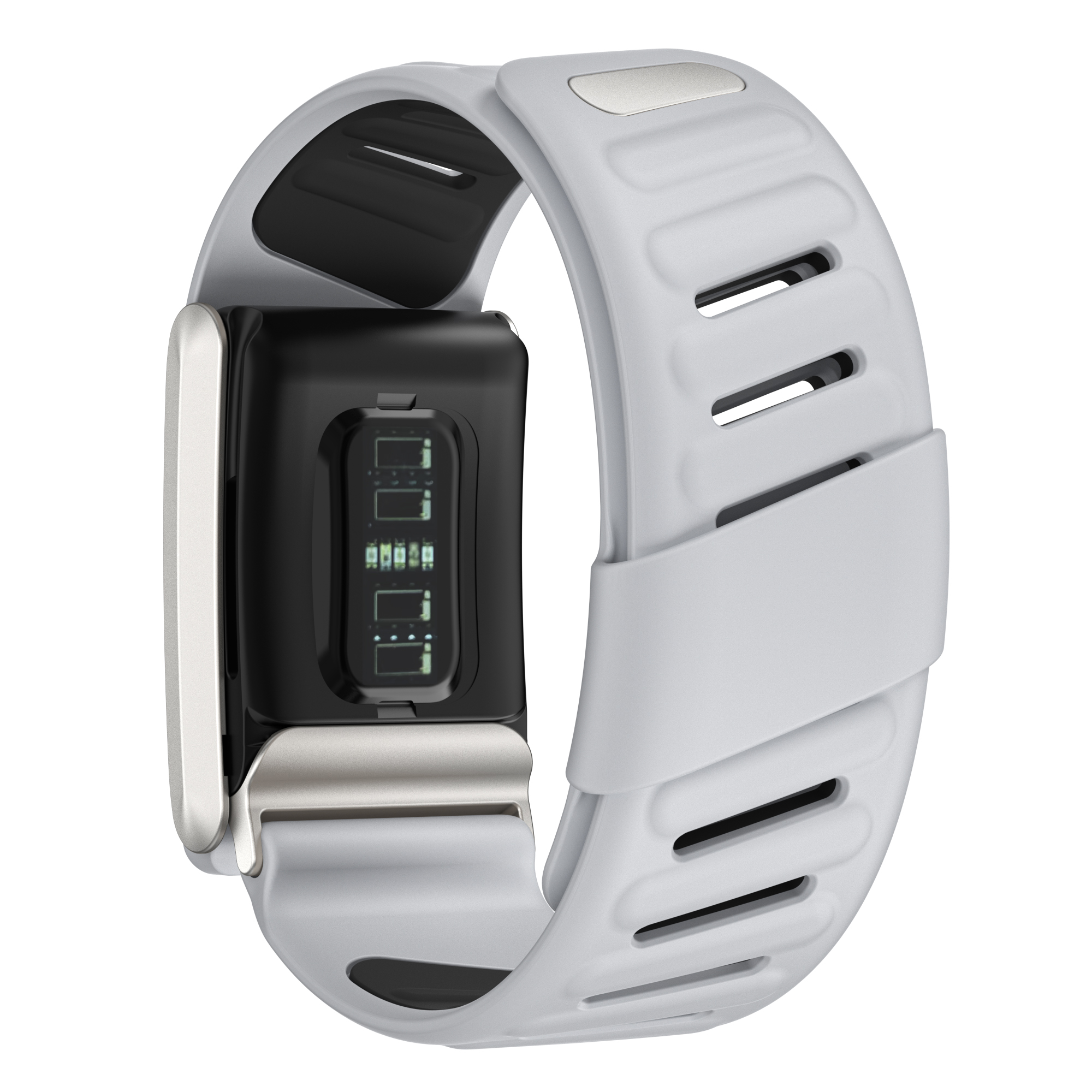 Ein grauer Fitnesstracker mit schwarzem Bildschirm und weißem Armband. Es hat ein gebogenes Design.