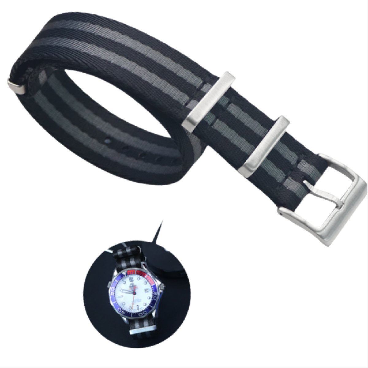 Ein gestreiftes Uhrenarmband mit Metallschnallen. Eine Uhr mit Band wird gezeigt.