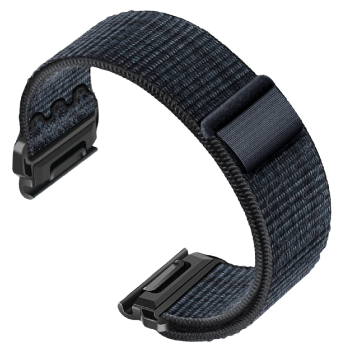 Ein Uhrenarmband, schwarz und grau, mit Verschluss, schräge Ansicht, auf weißem Grund.