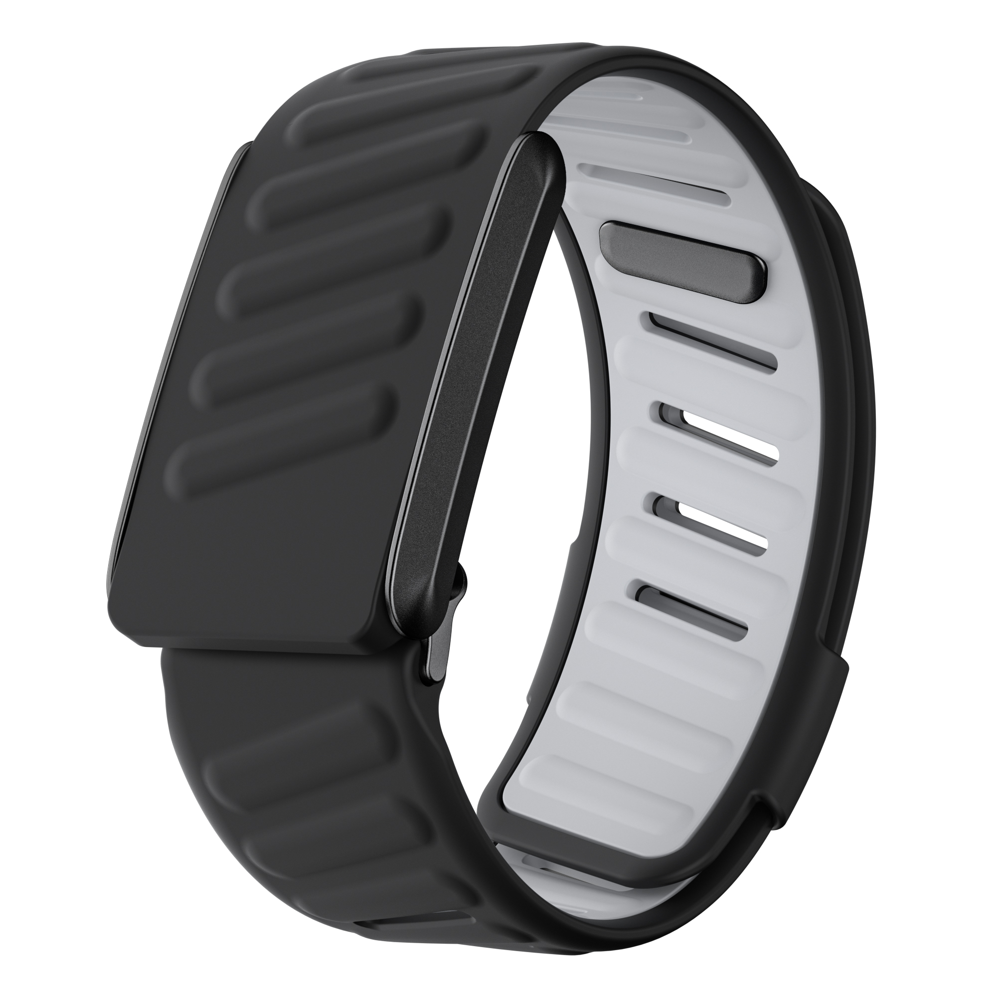 Schwarz-weißes Smartwatch-Armband mit rechteckigem Display.