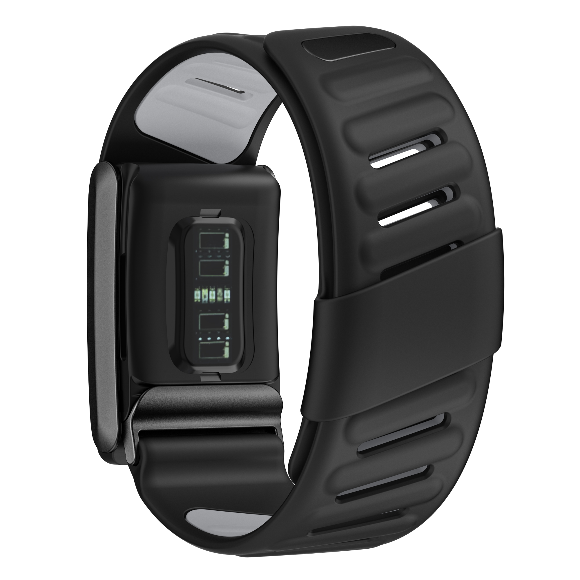 Schwarzer Fitnesstracker auf weißem Hintergrund, mit schwarzem Armband und Bildschirm.